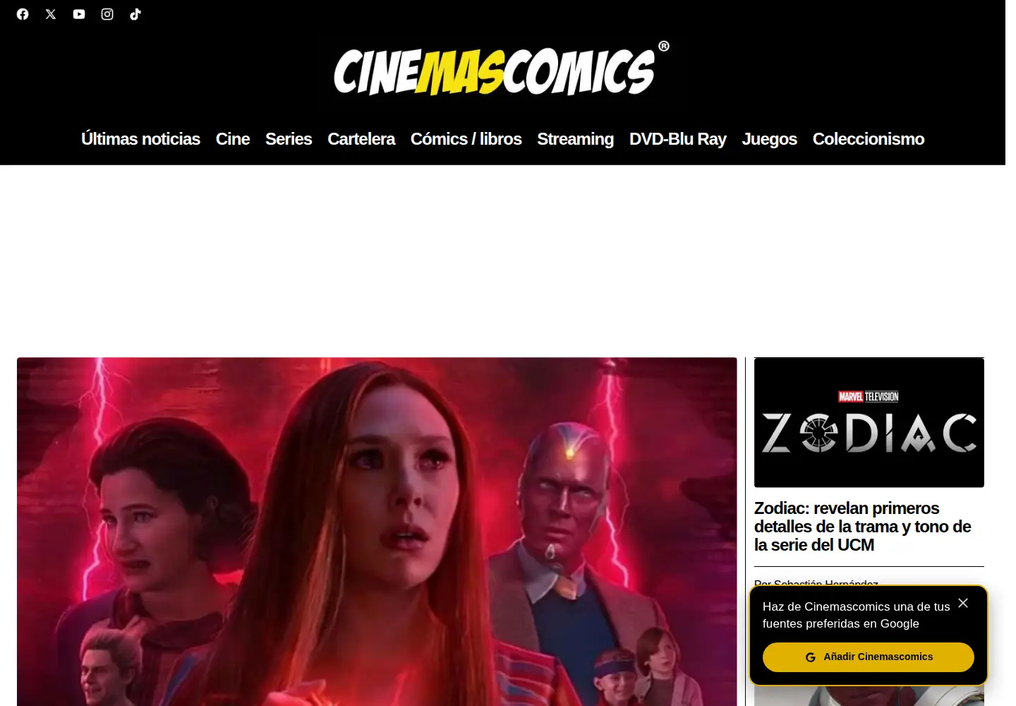 Captured homepage of cinemascomics.com in the current scan