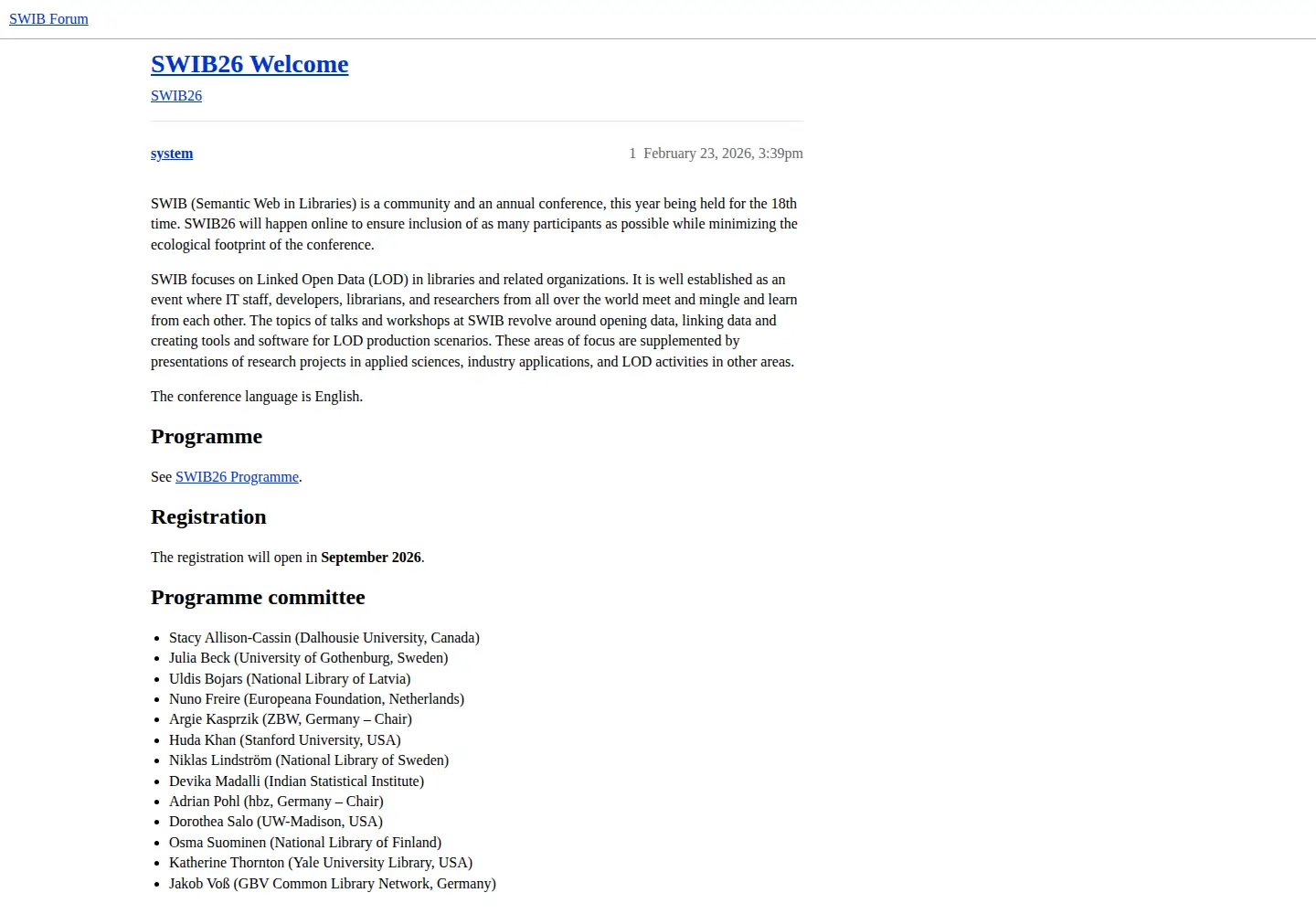 Captured homepage of swib.org in the current scan