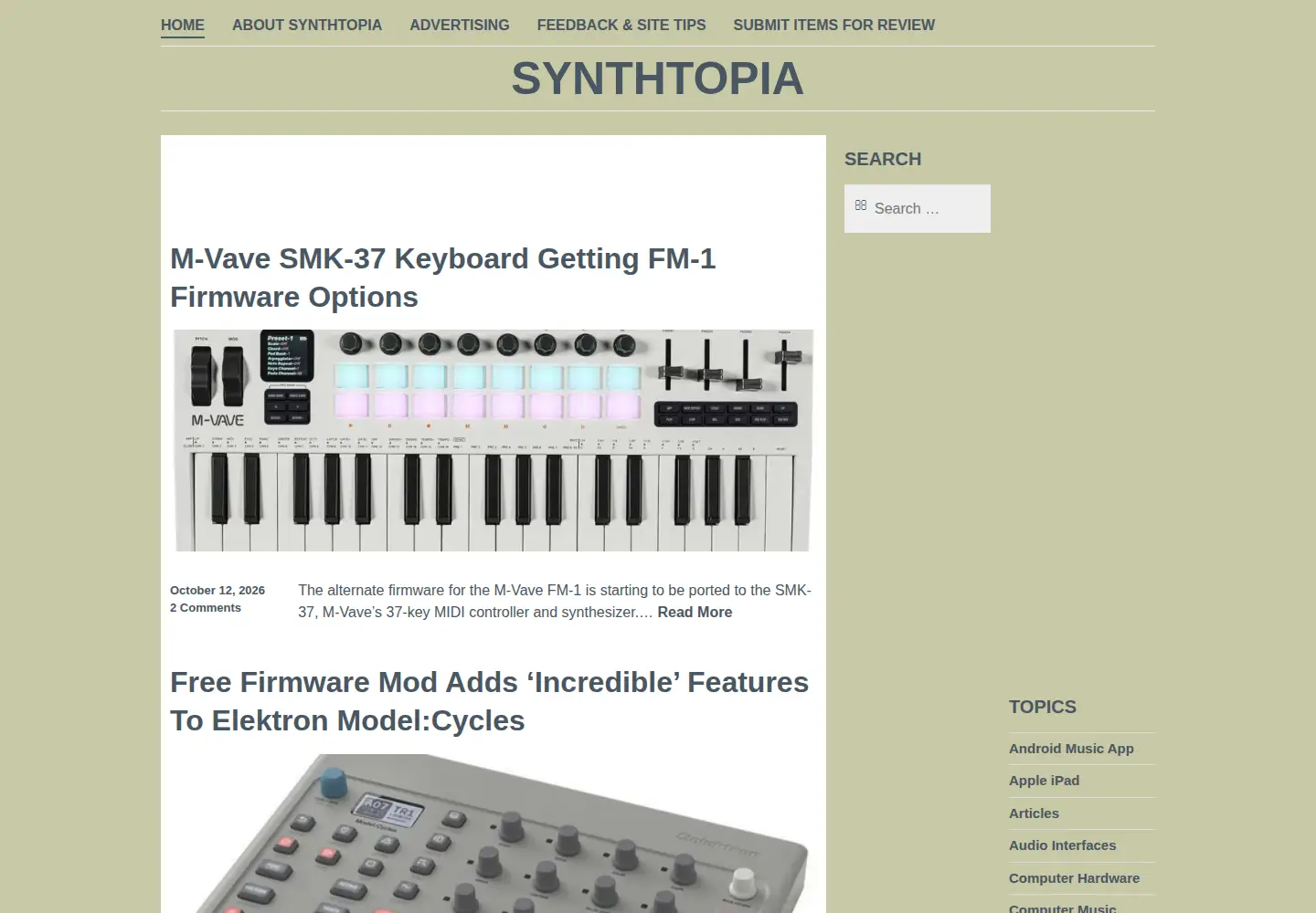 Captured homepage of synthtopia.com in the current scan