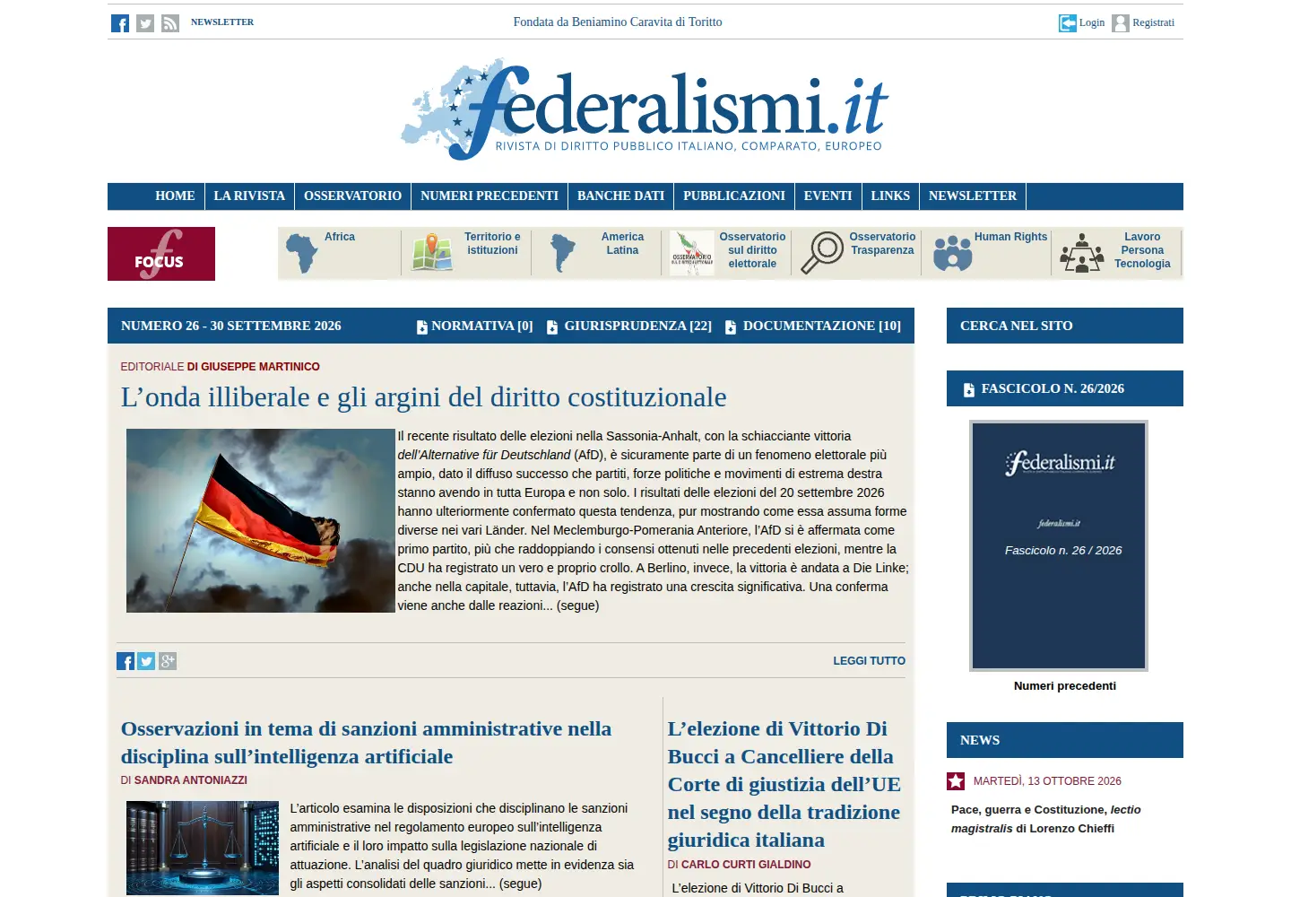 Captured homepage of federalismi.it in the current scan