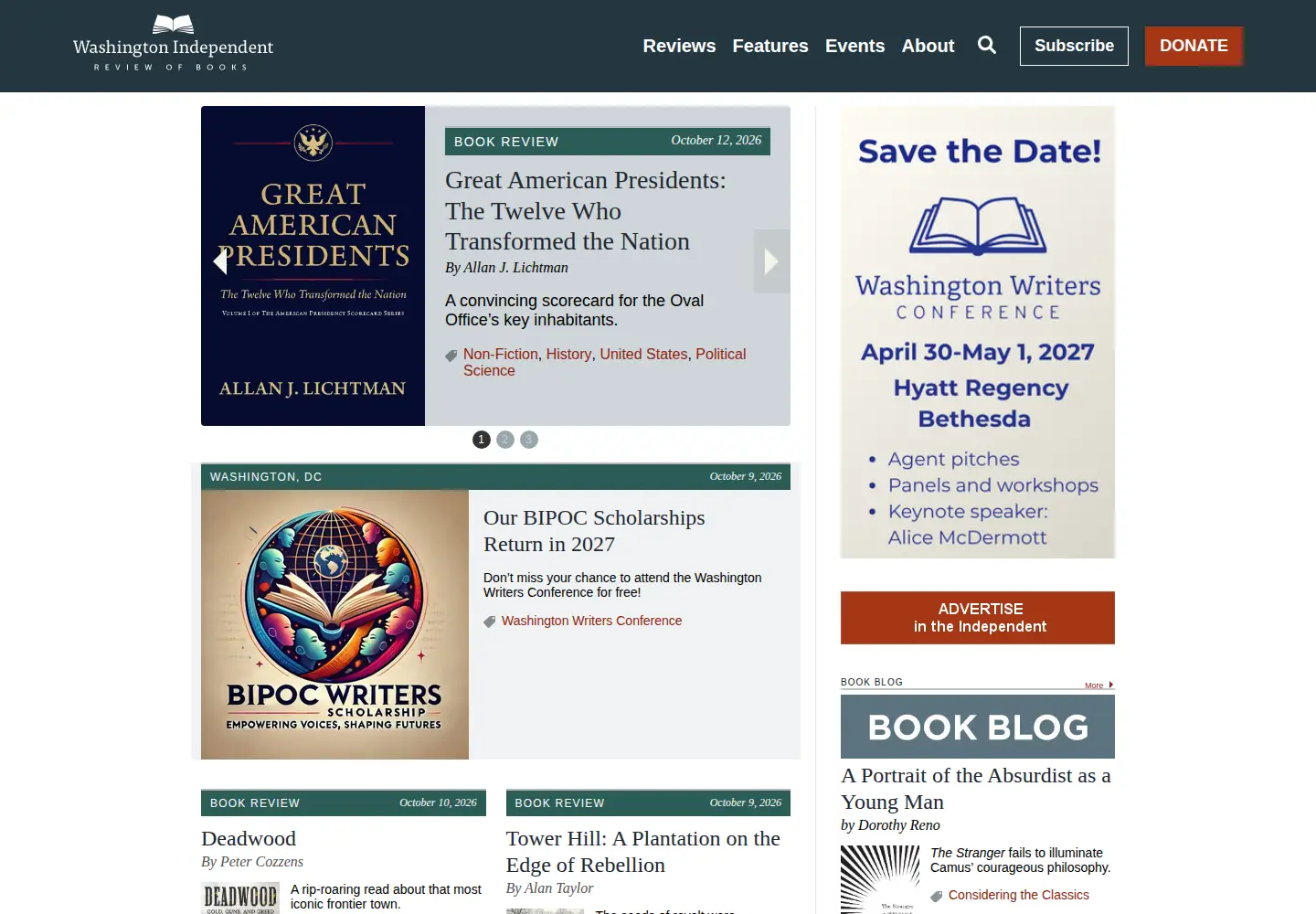 Captured homepage of washingtonindependentreviewofbooks.com in the current scan