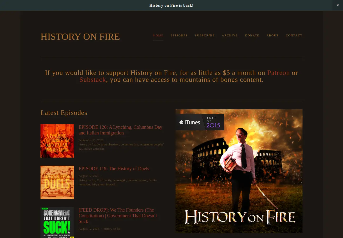 Screenshot of historyonfirepodcast.com