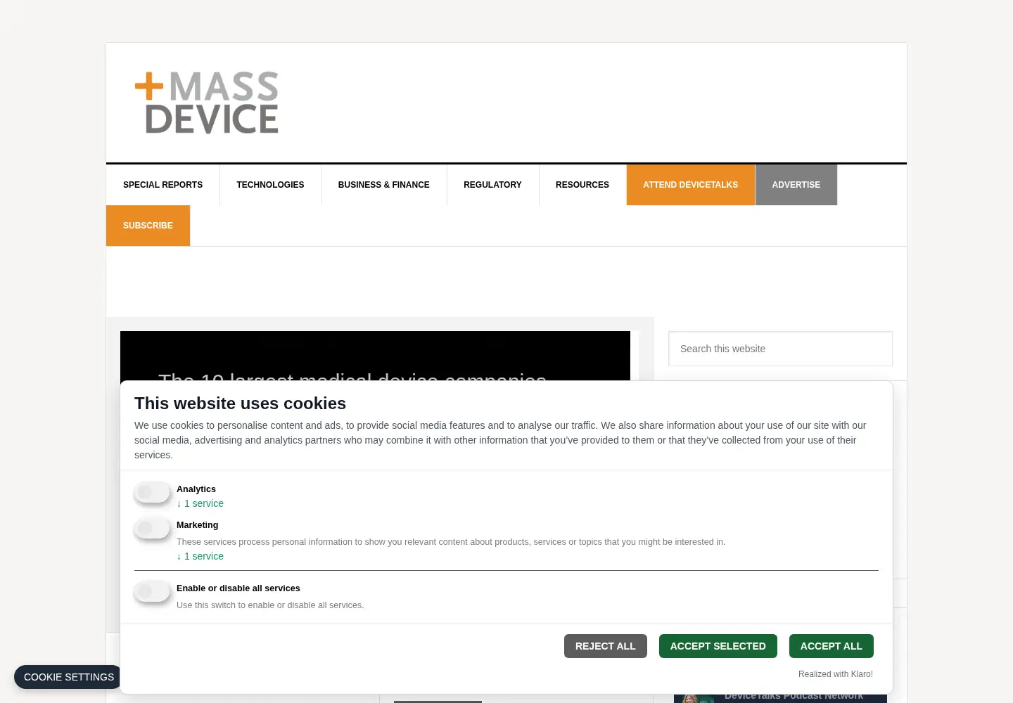 Captured homepage of massdevice.com in the current scan