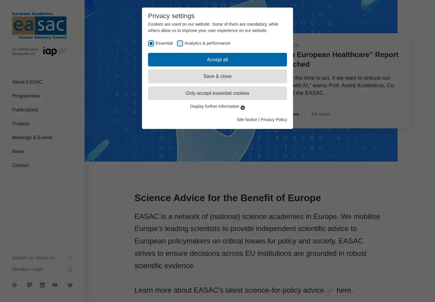 Screenshot of easac.eu