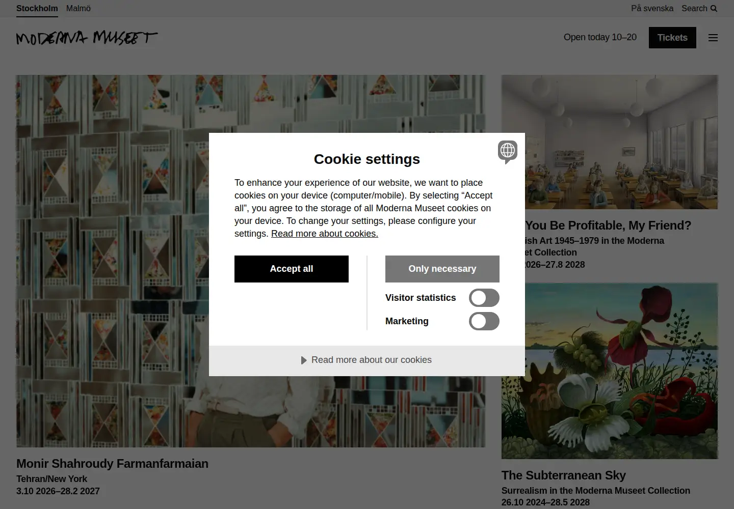 Screenshot of modernamuseet.se