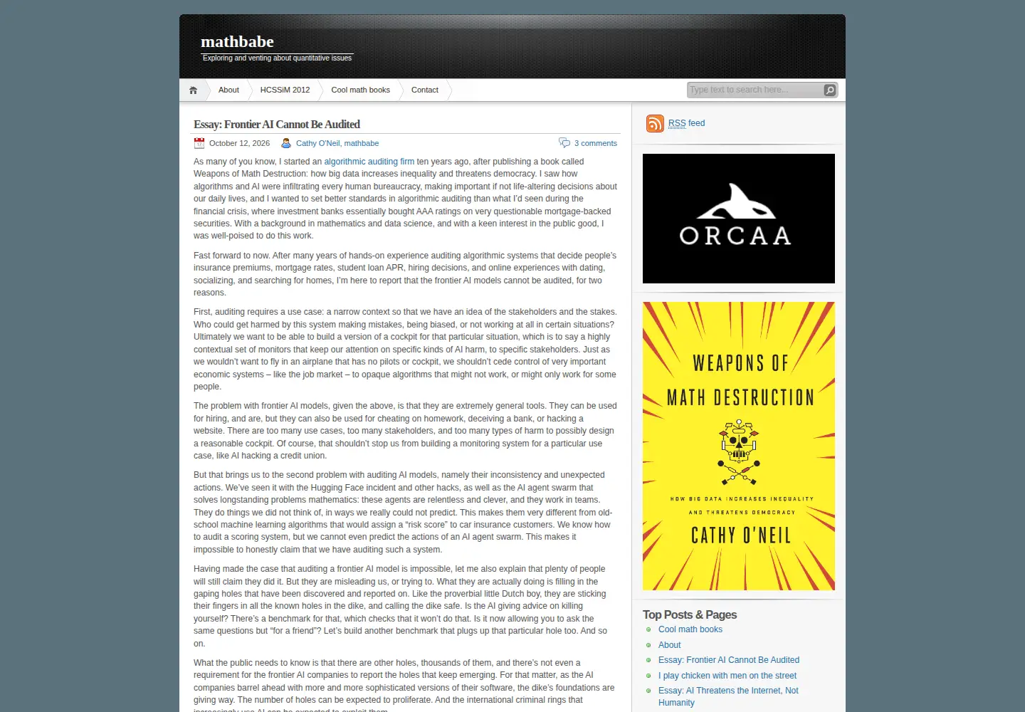 Captured homepage of mathbabe.org in the current scan