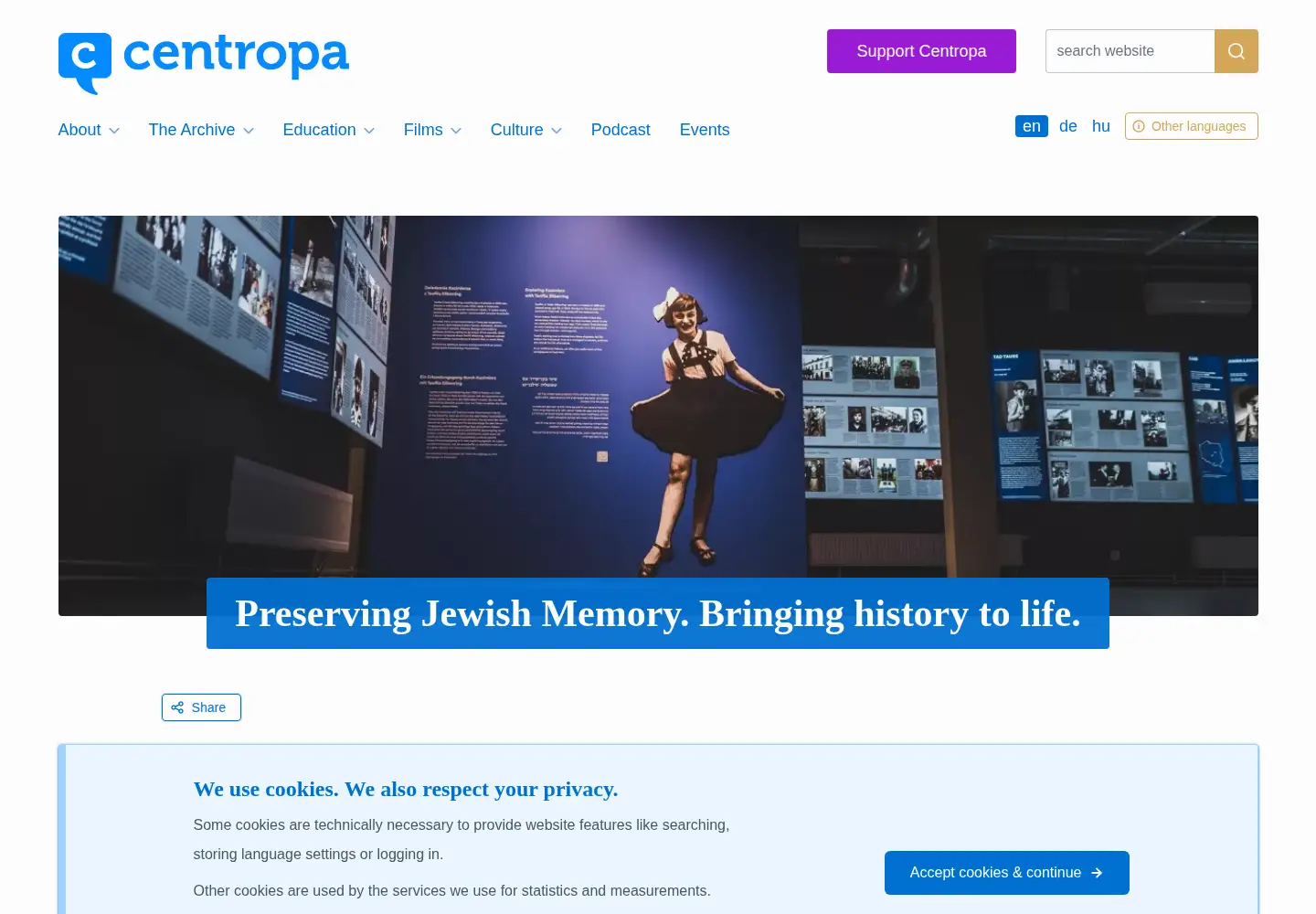 Captured homepage of centropa.org in the current scan