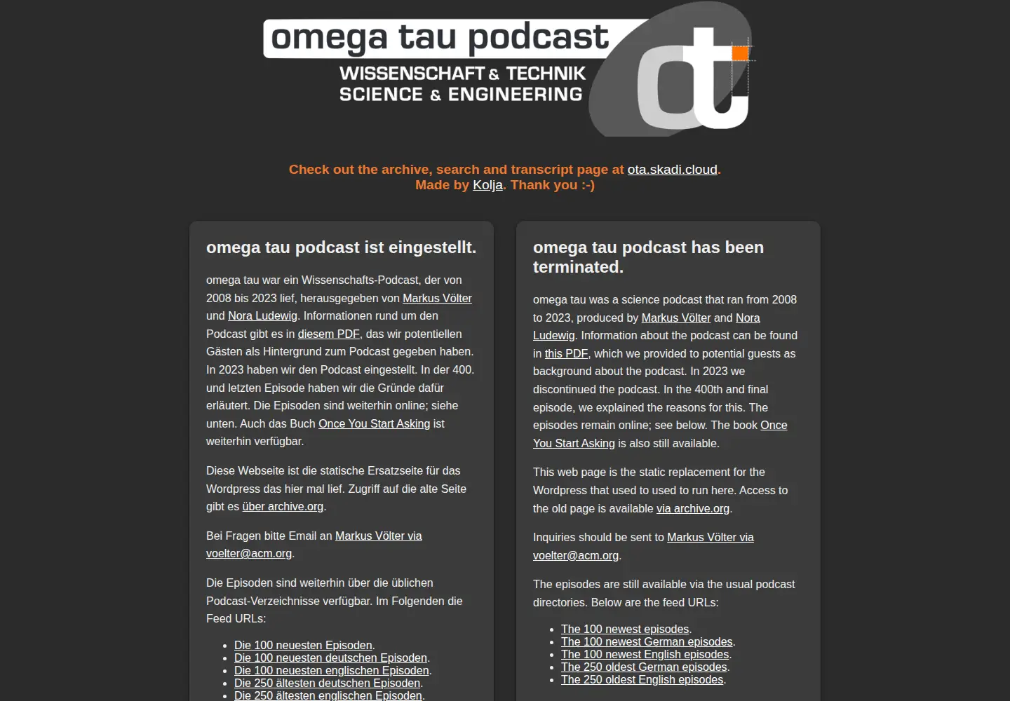 Captured homepage of omegataupodcast.net in the current scan