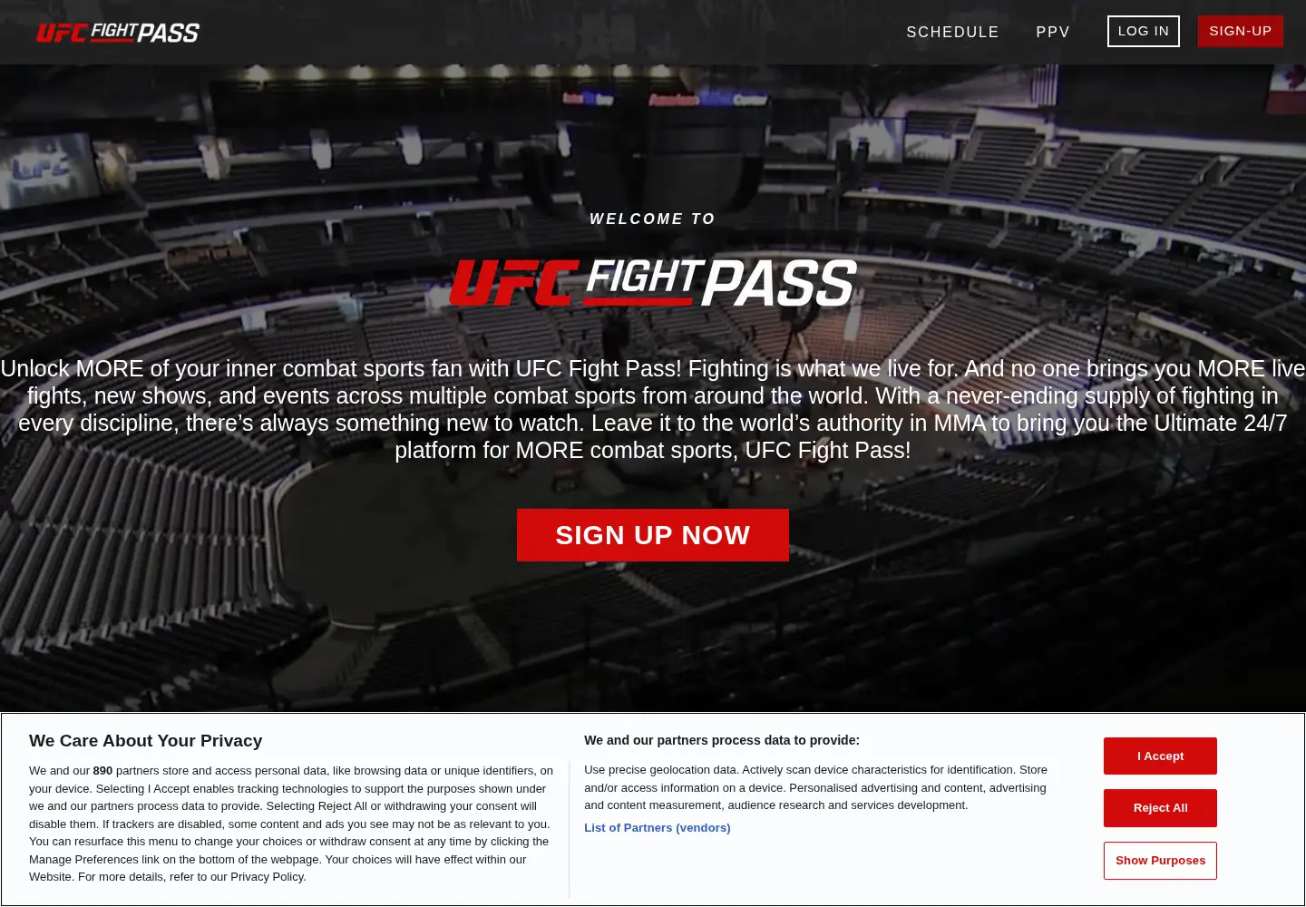 Captured homepage of ufc.tv in the current scan