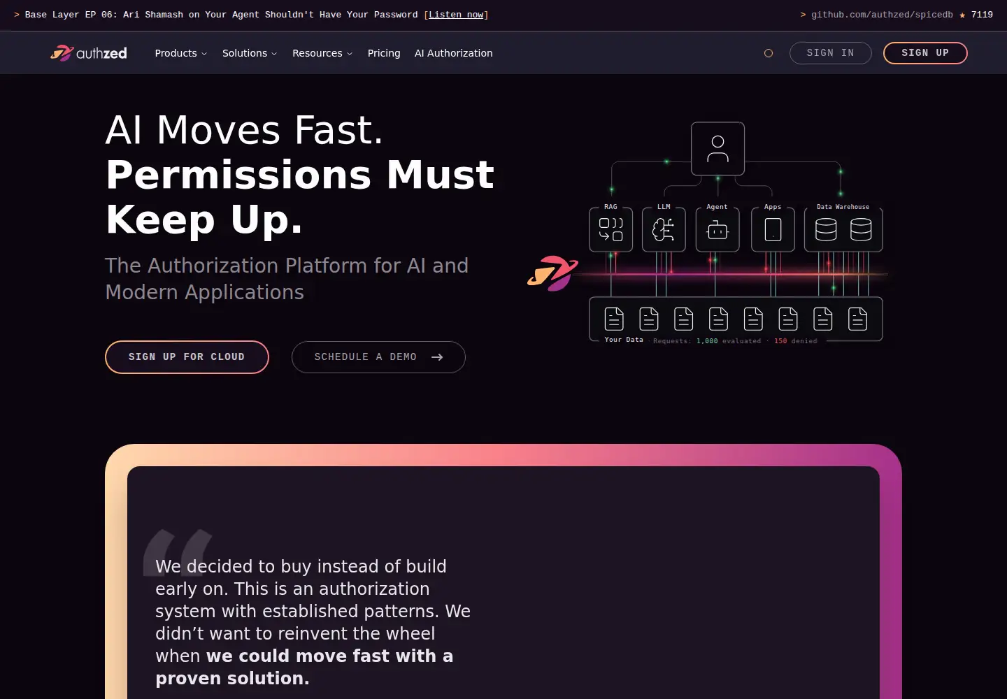 Captured homepage of authzed.com in the current scan