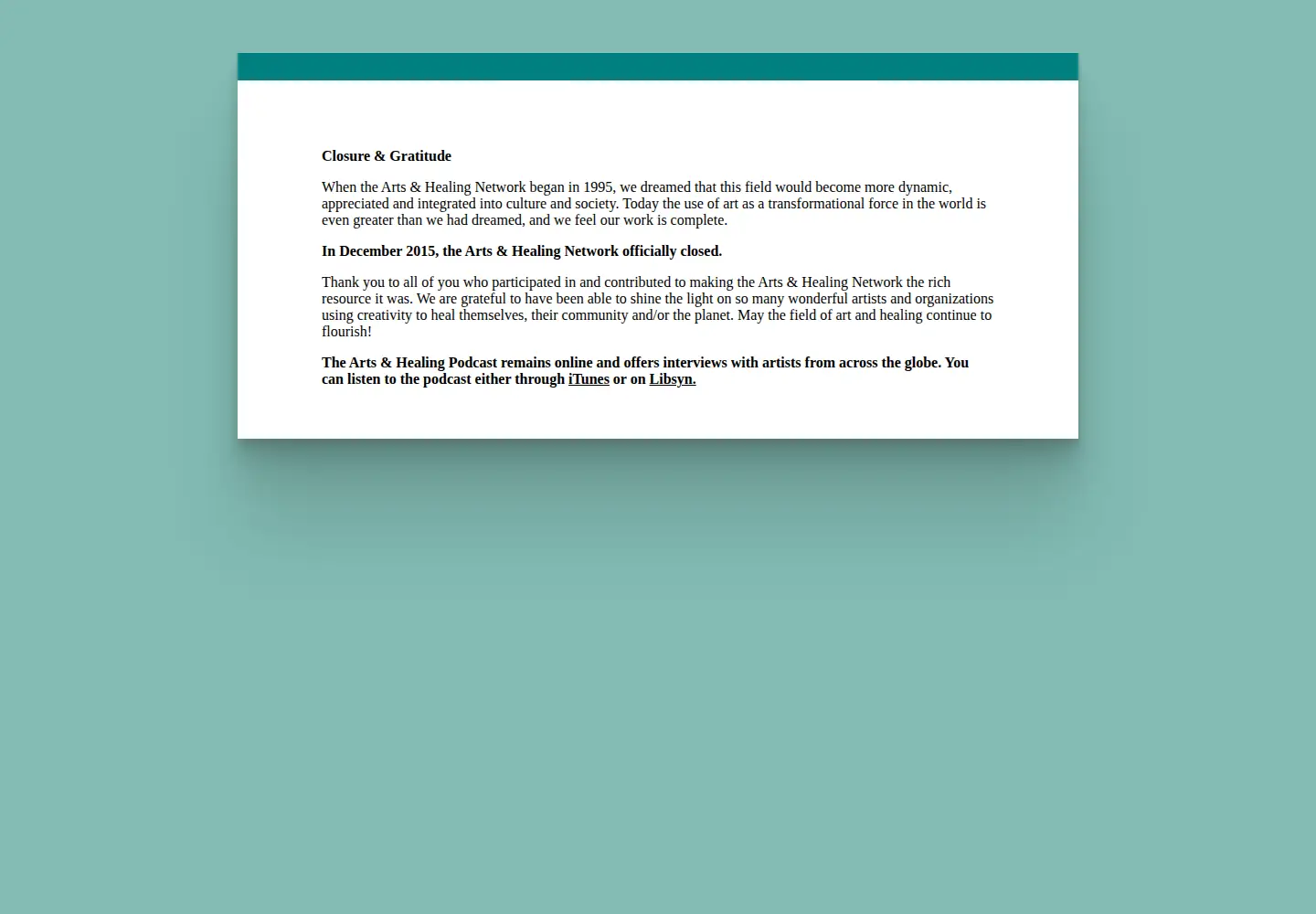 Captured homepage of artheals.org in the current scan