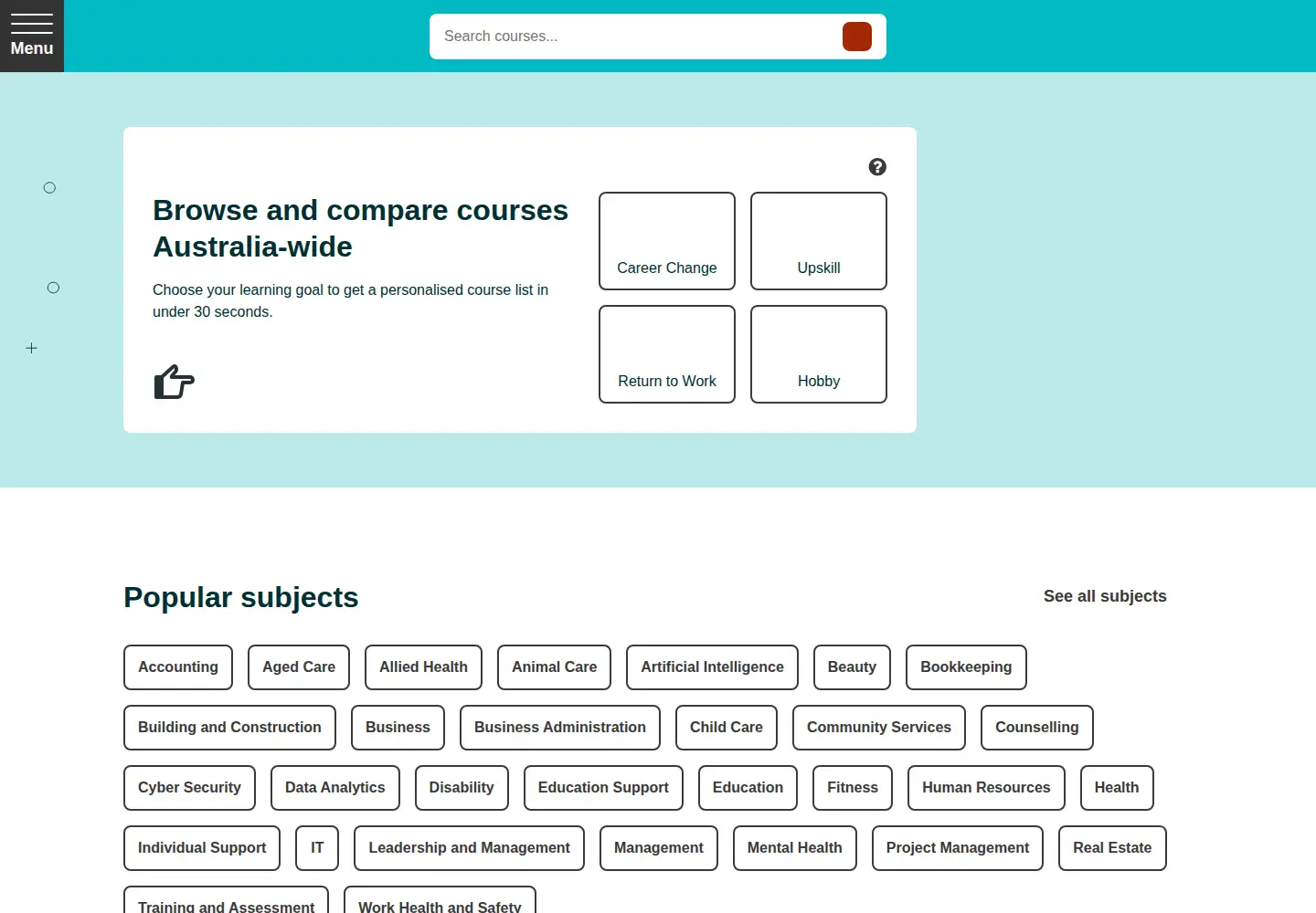 Captured homepage of tafecourses.com.au in the current scan