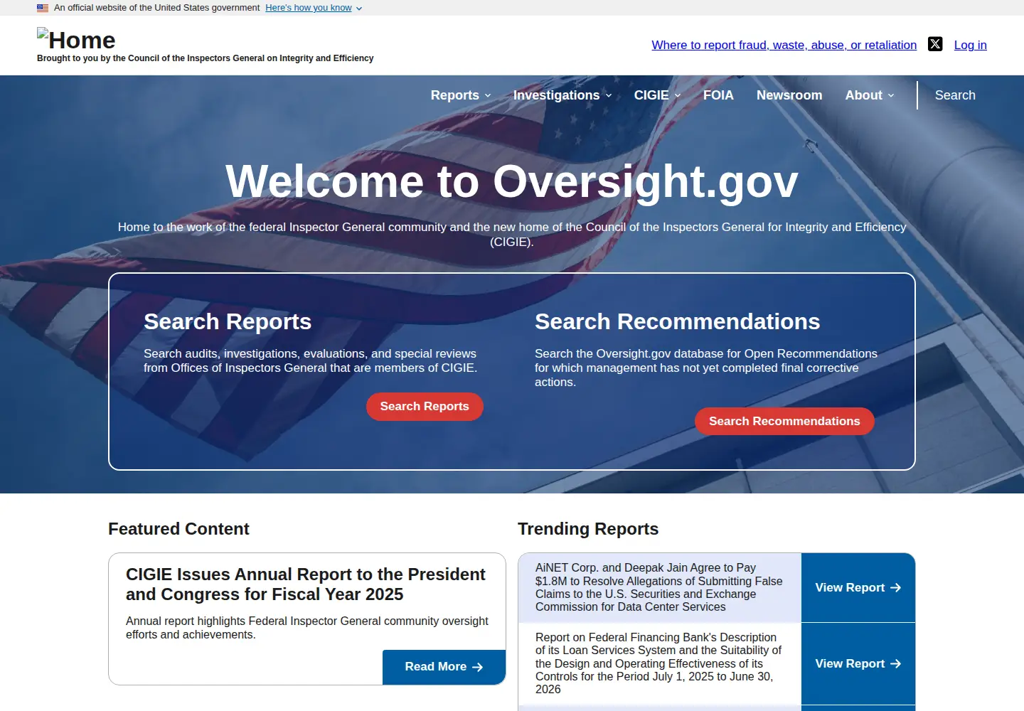 Captured homepage of oversight.gov in the current scan