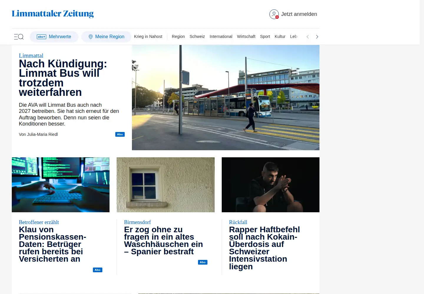 Captured homepage of limmattalerzeitung.ch in the current scan