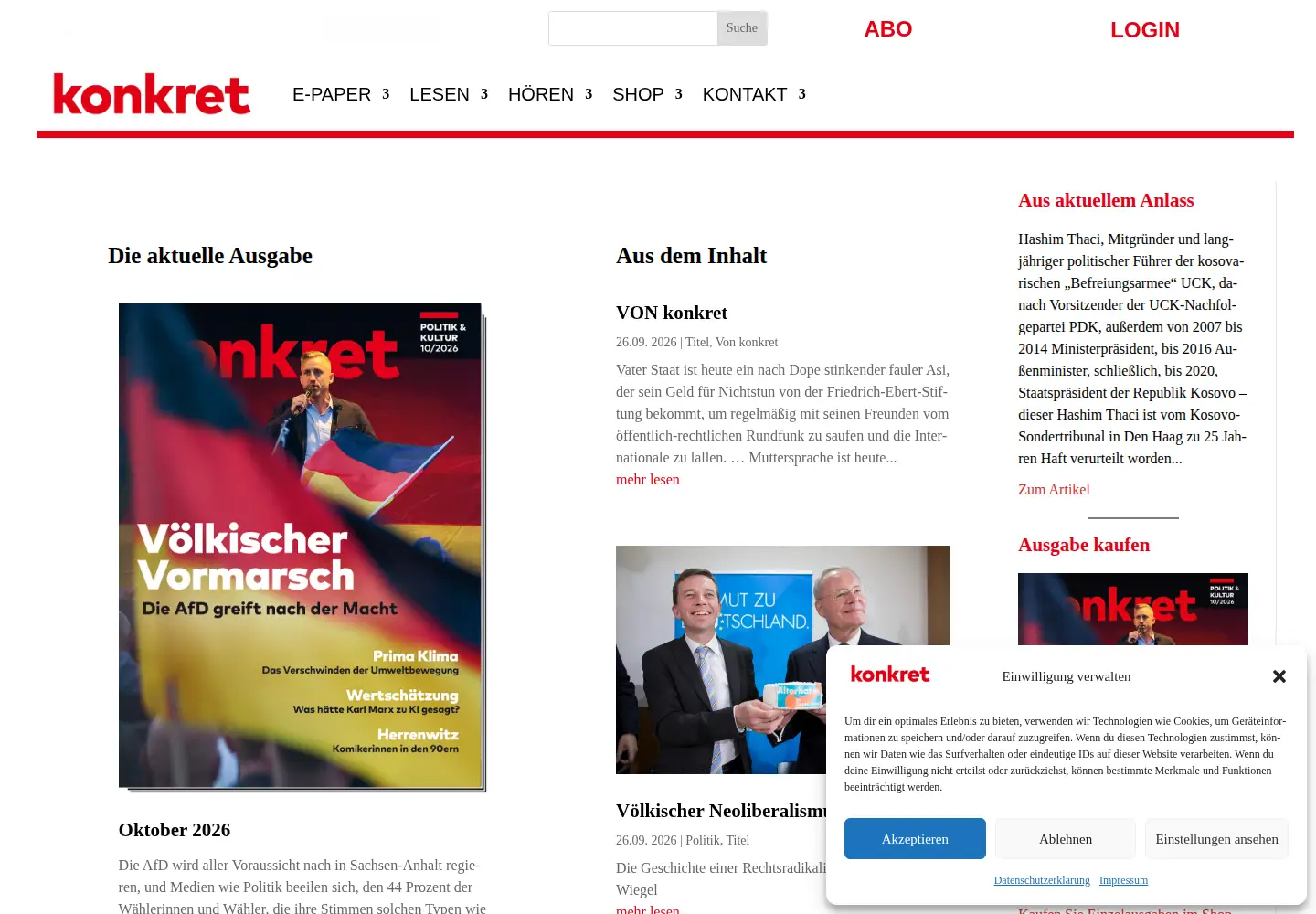 Captured homepage of konkret-magazin.de in the current scan