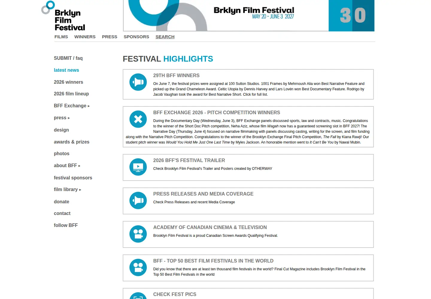 Captured homepage of brooklynfilmfestival.org in the current scan