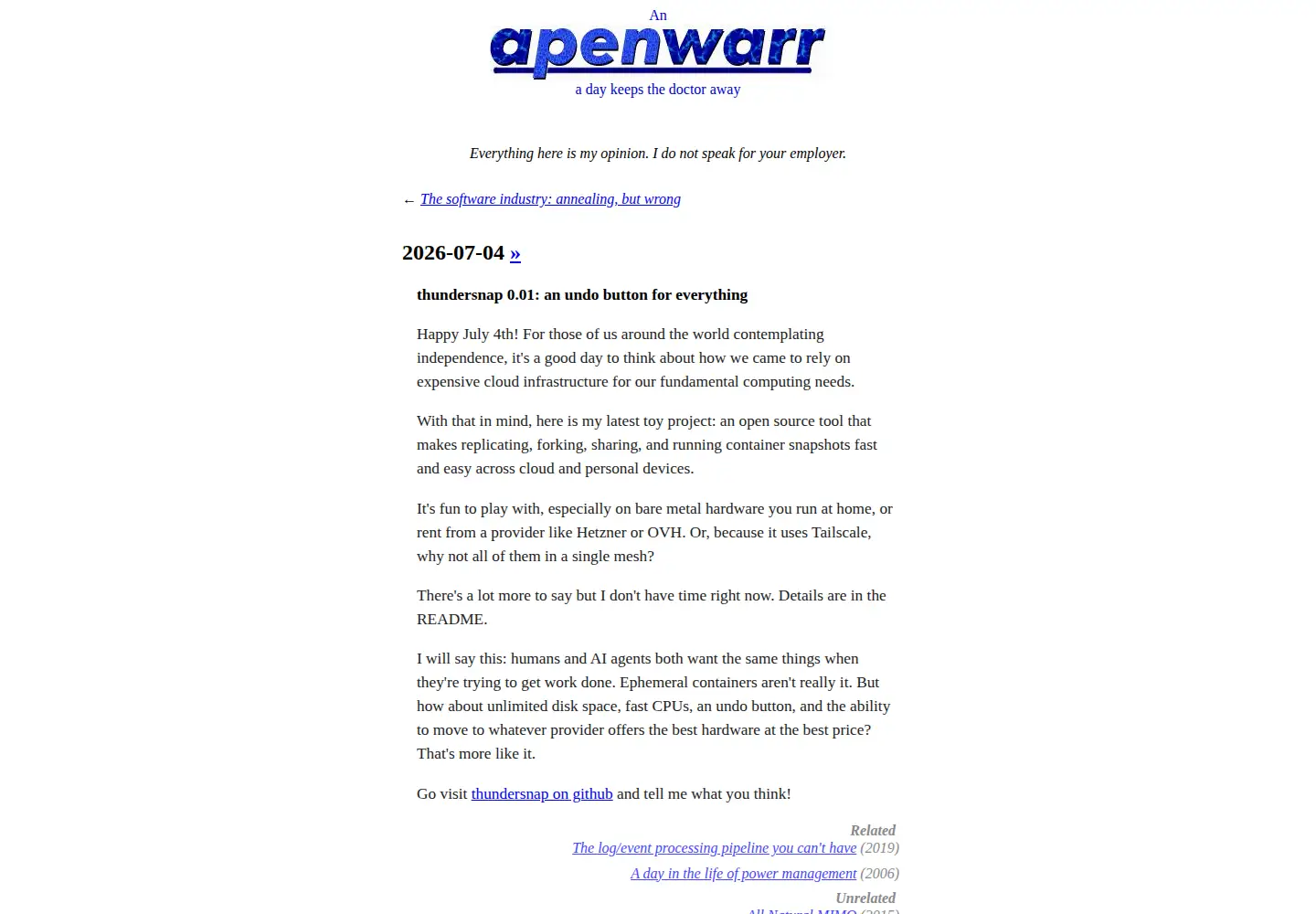 Captured homepage of apenwarr.ca in the current scan