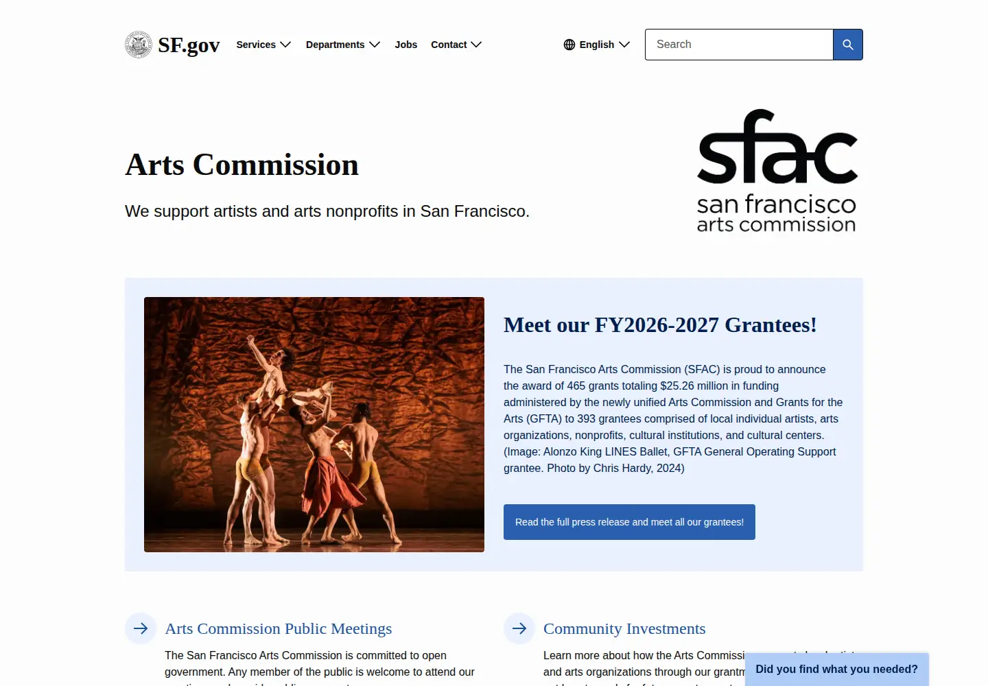 Screenshot of sfartscommission.org