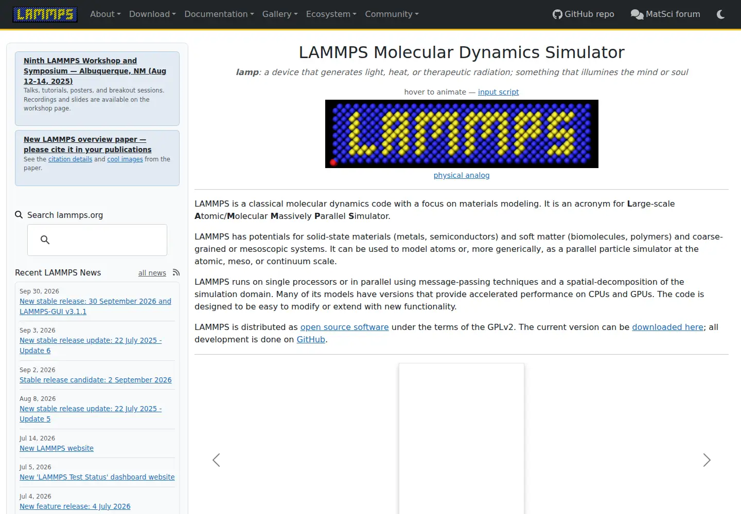 Screenshot of lammps.org