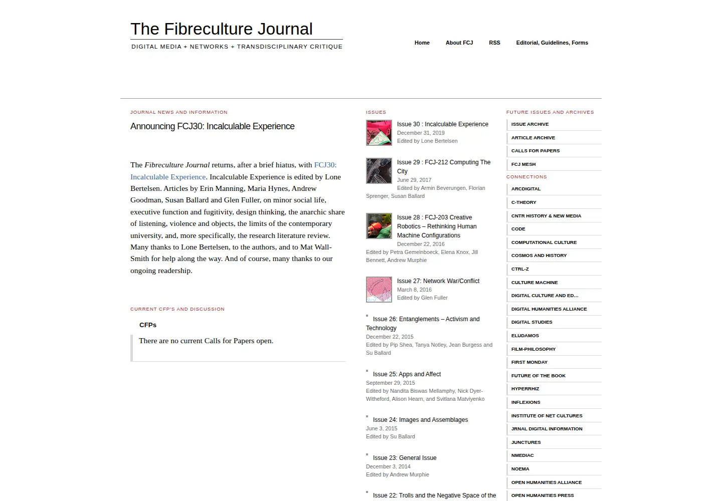 Captured homepage of fibreculturejournal.org in the current scan
