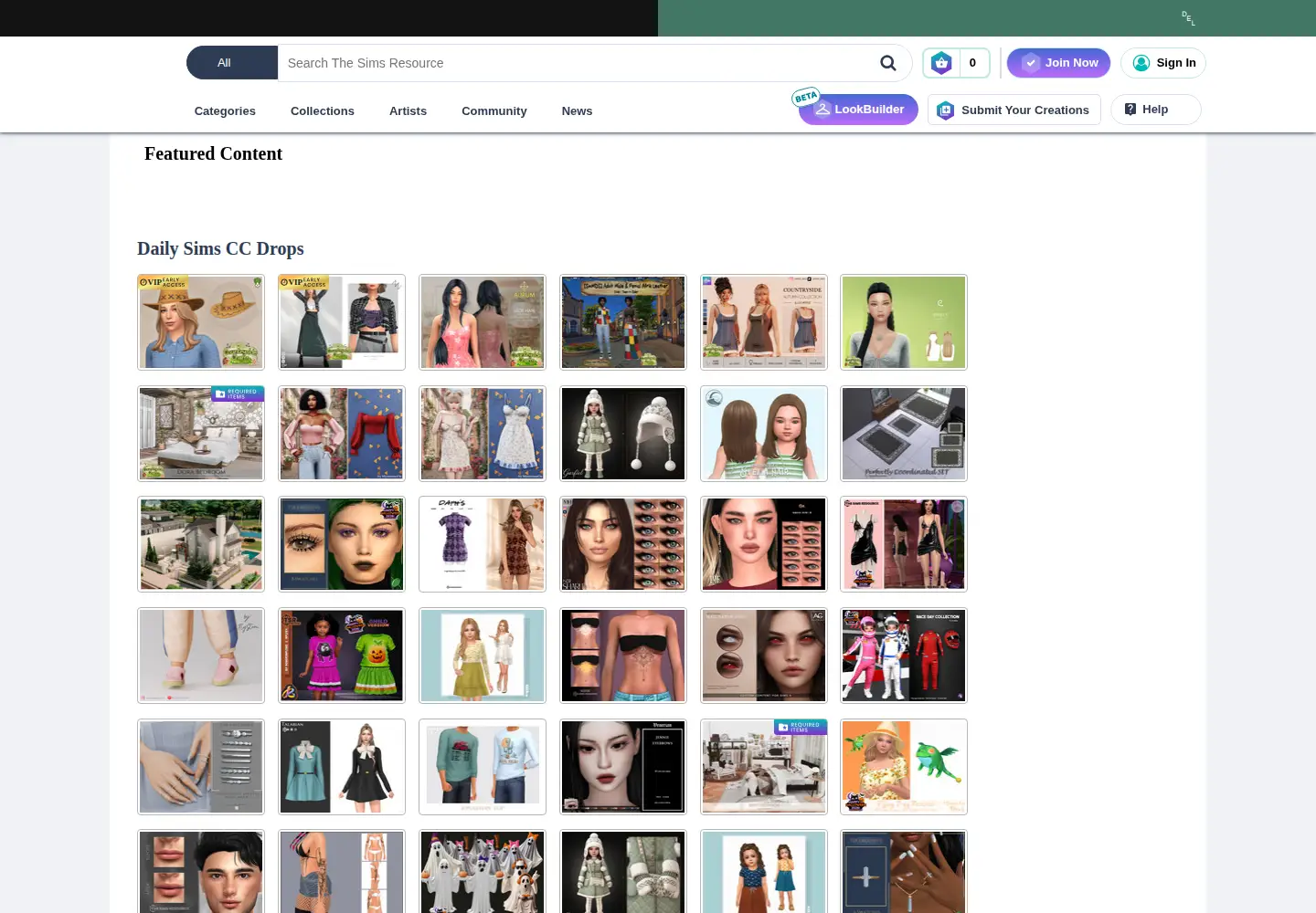 Captured homepage of thesimsresource.com in the current scan
