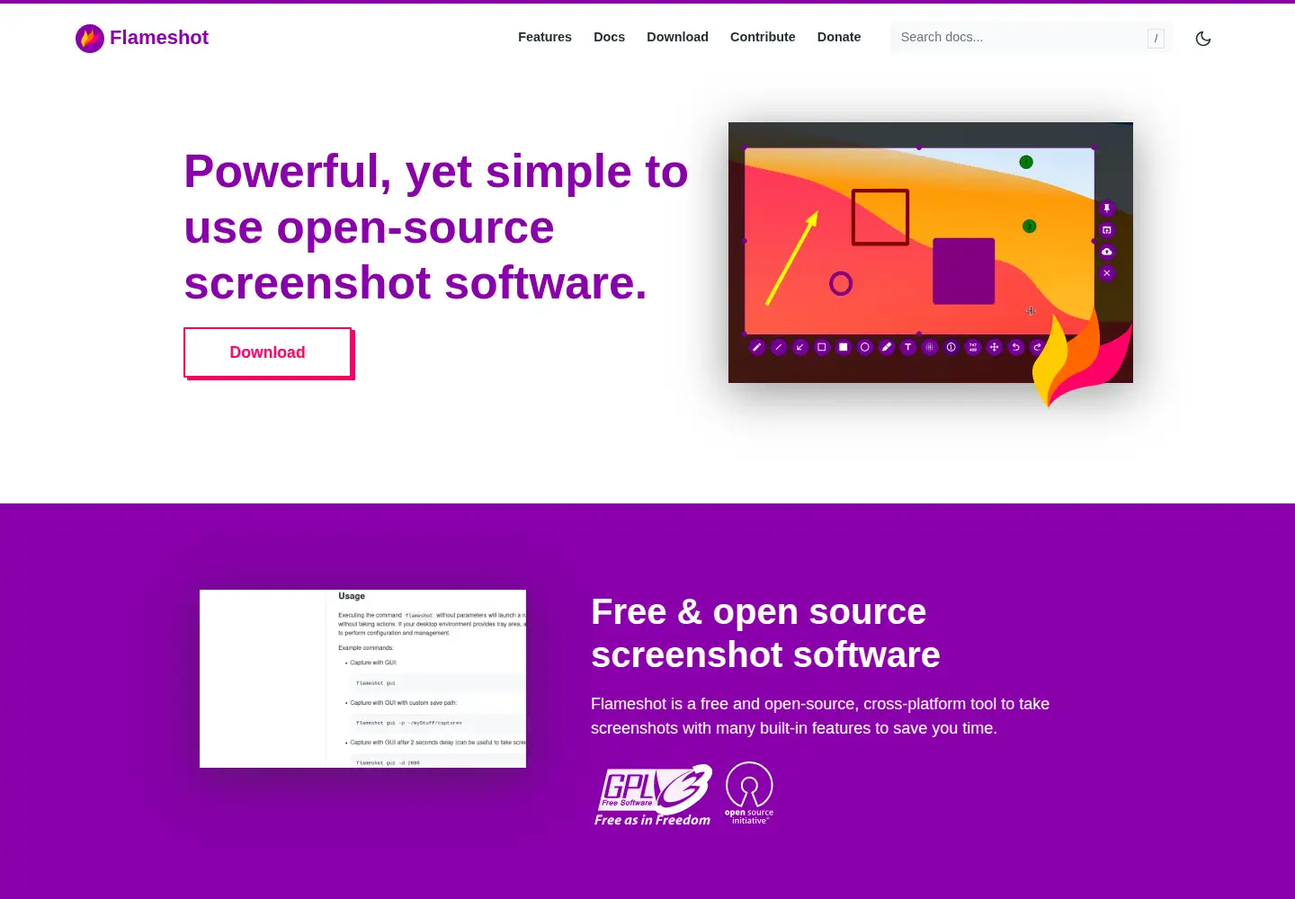 Captured homepage of flameshot.org in the current scan