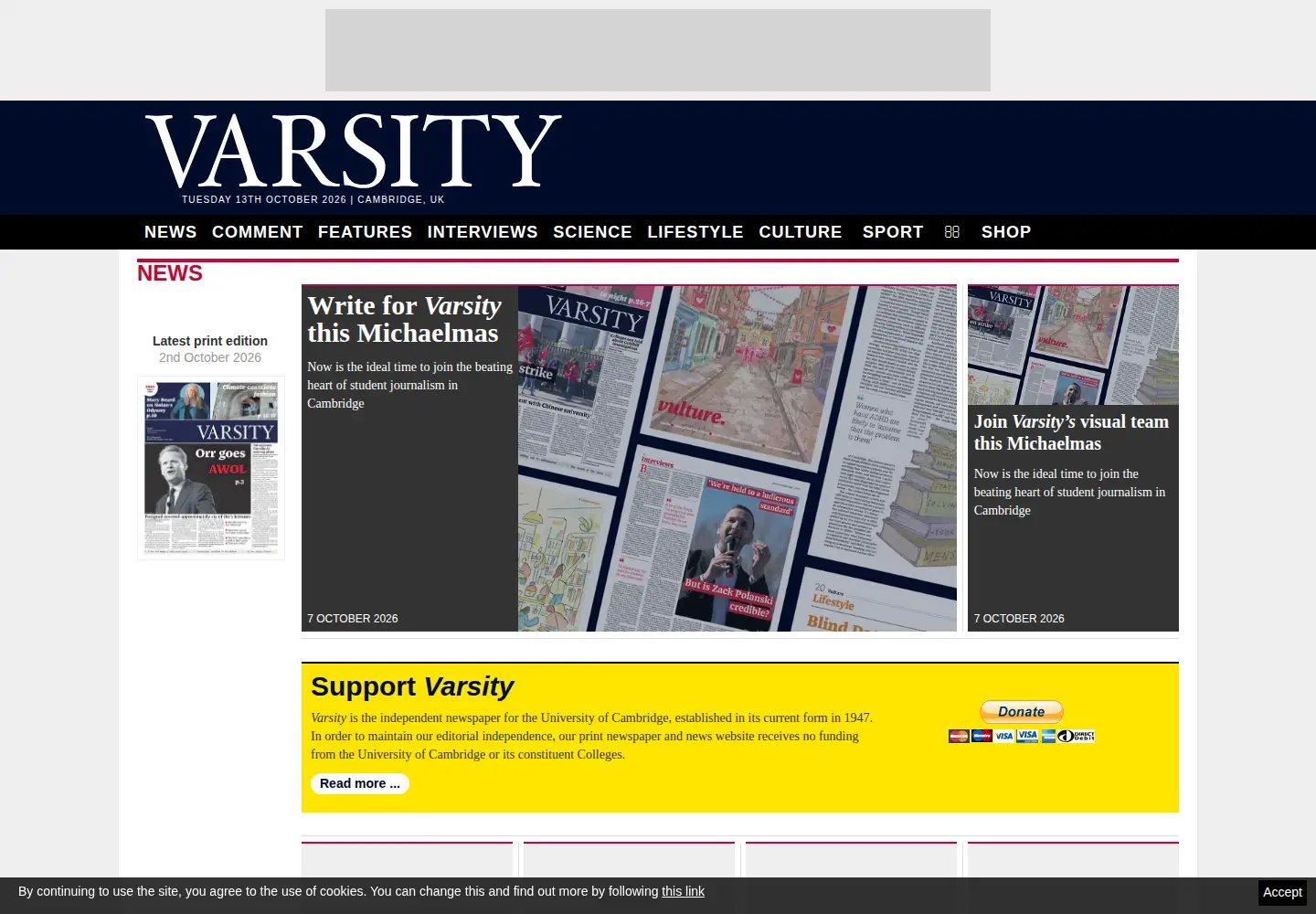 Screenshot of varsity.co.uk