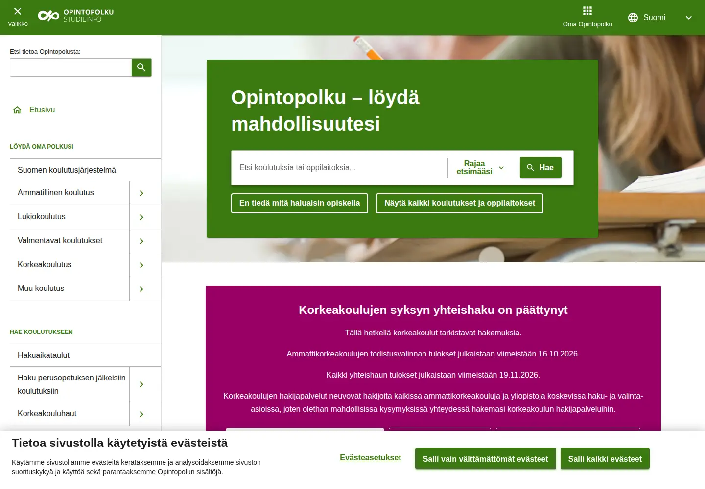 Screenshot of opintopolku.fi