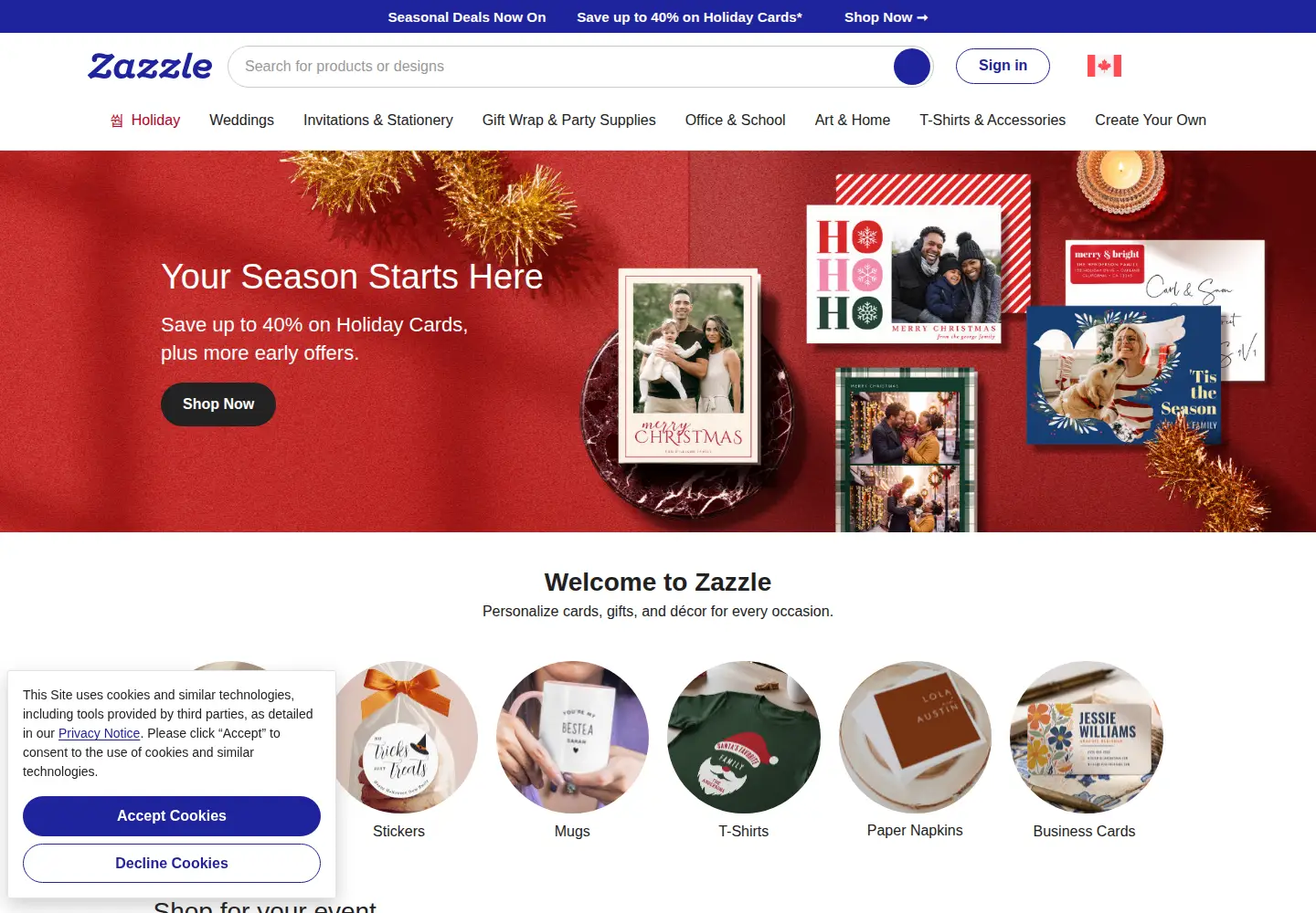 Screenshot of zazzle.ca
