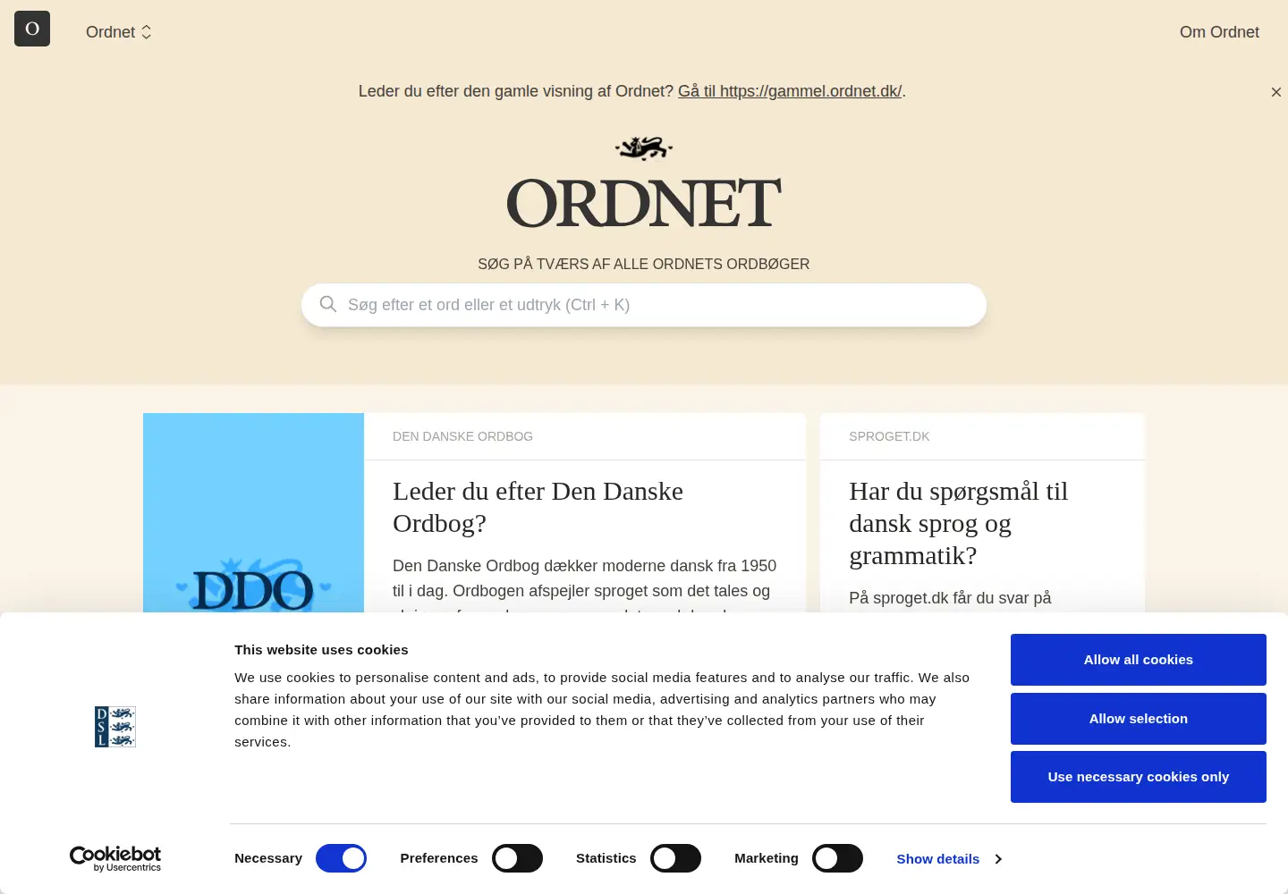 Screenshot of ordnet.dk