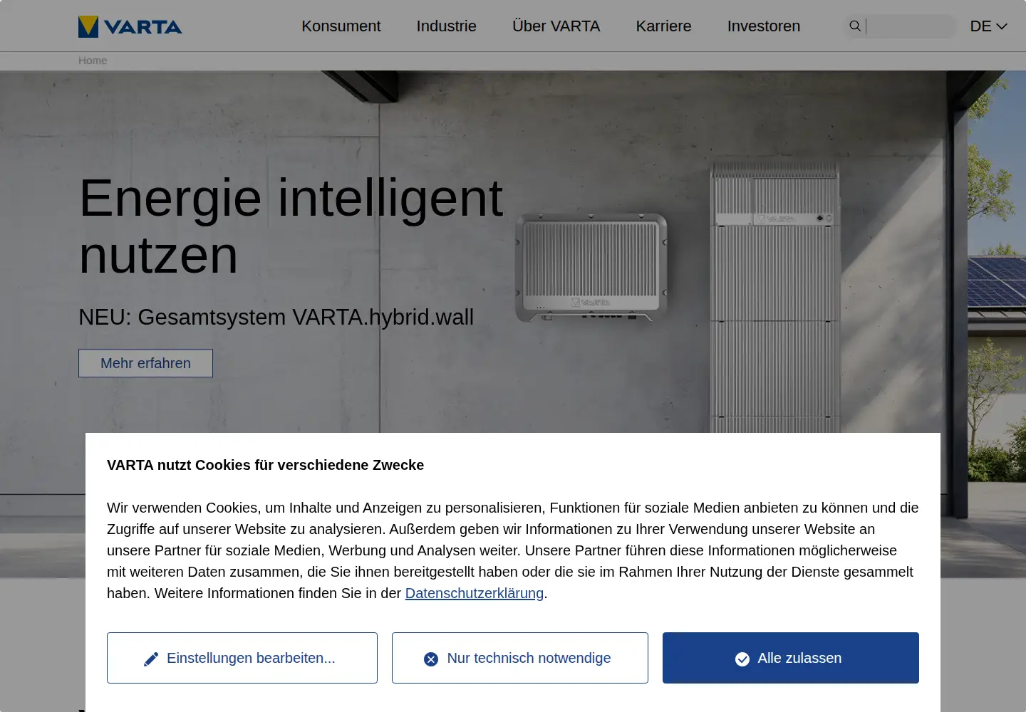 Captured homepage of varta-ag.com in the current scan