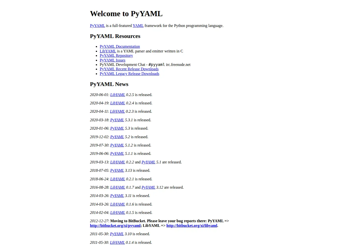 Screenshot of pyyaml.org