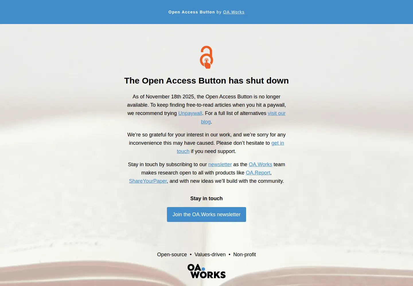 Captured homepage of openaccessbutton.org in the current scan