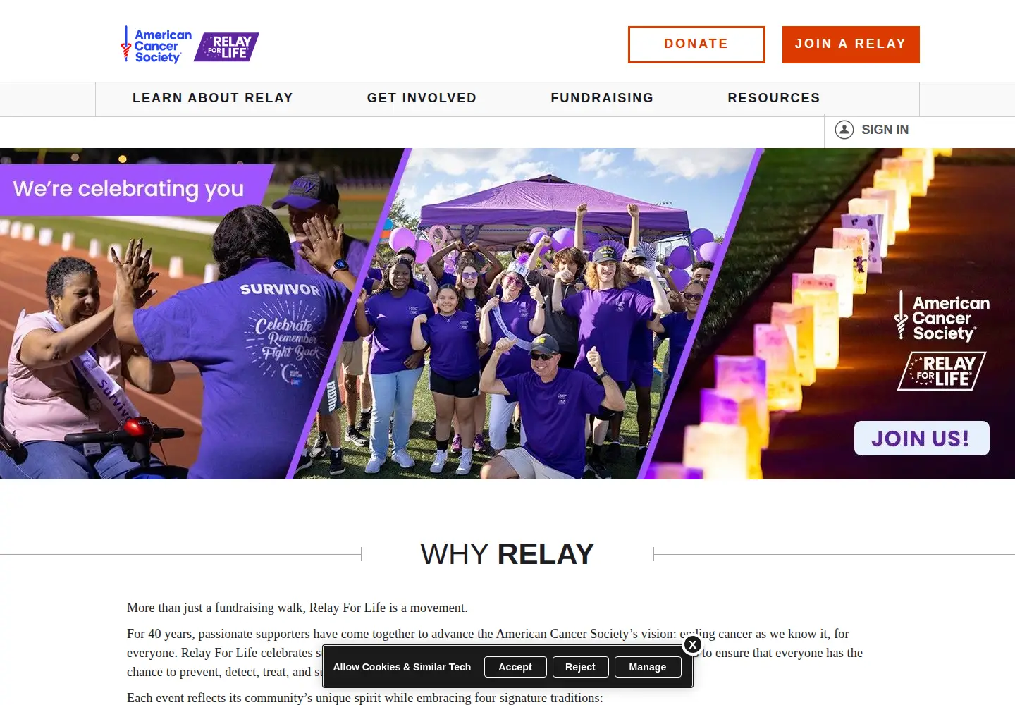 Captured homepage of relayforlife.org in the current scan