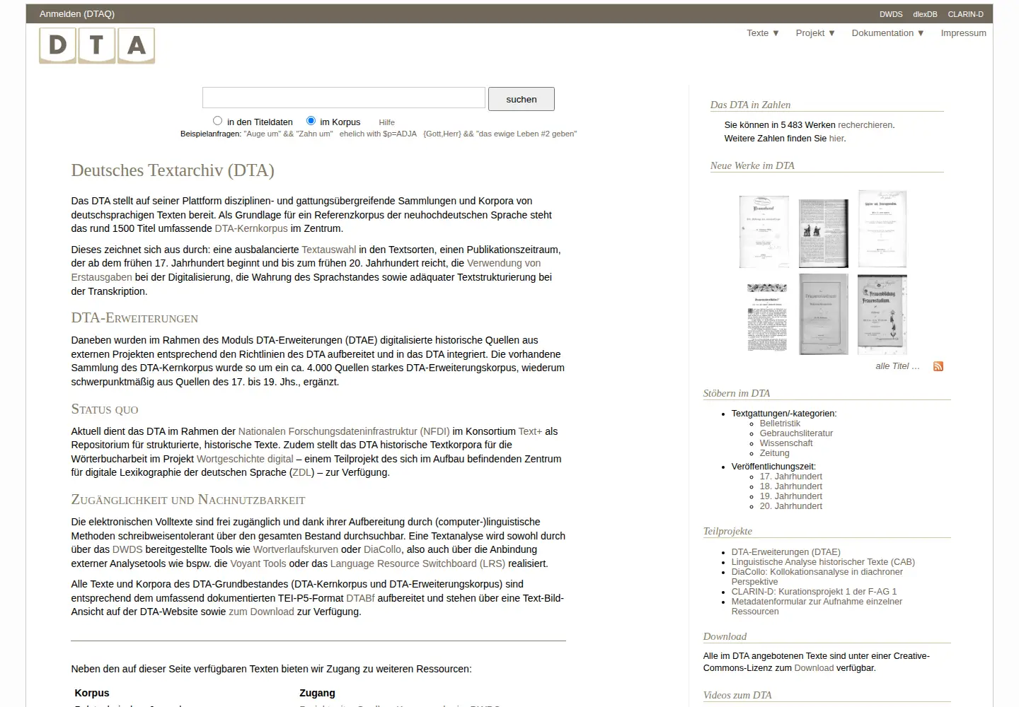 Screenshot of deutschestextarchiv.de