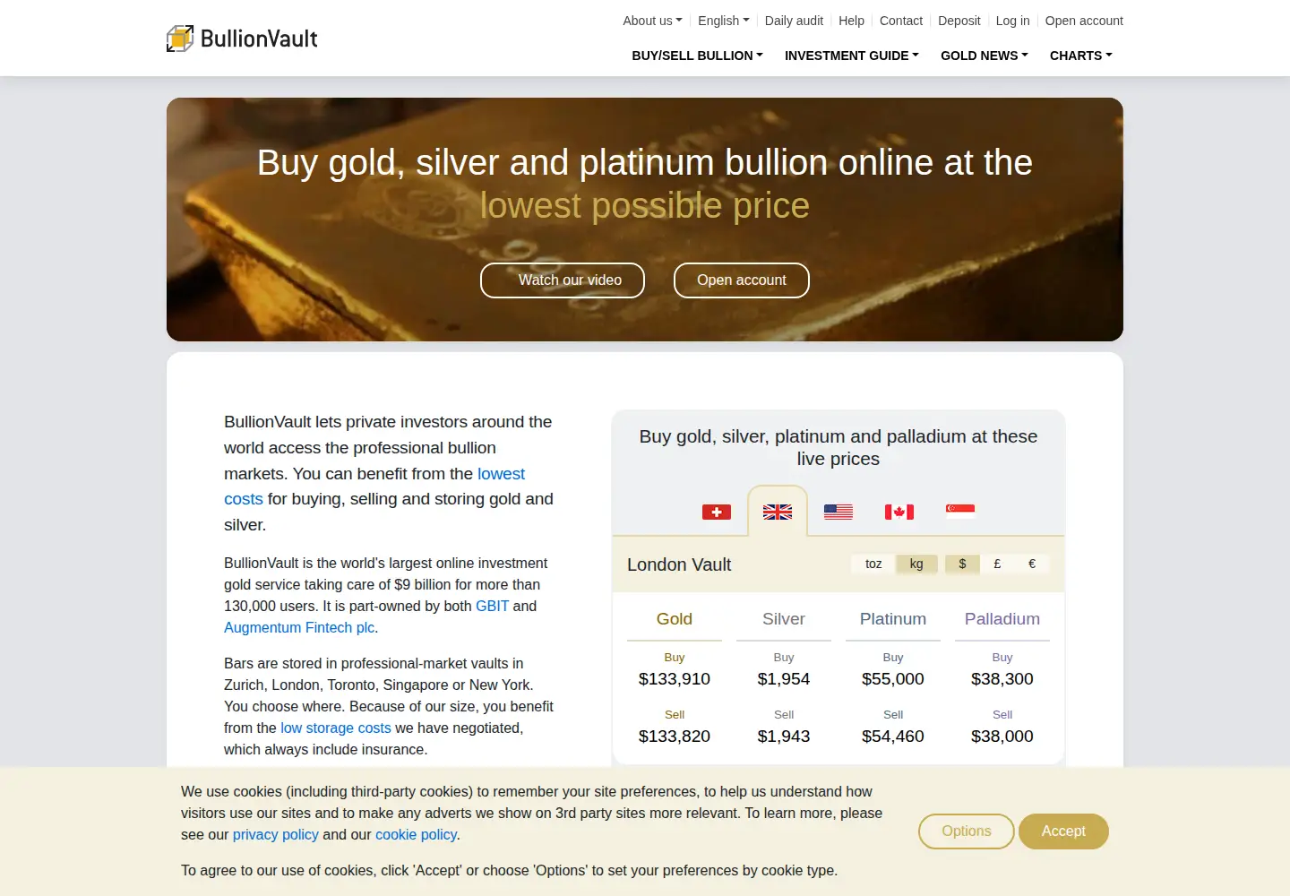 Screenshot of bullionvault.com