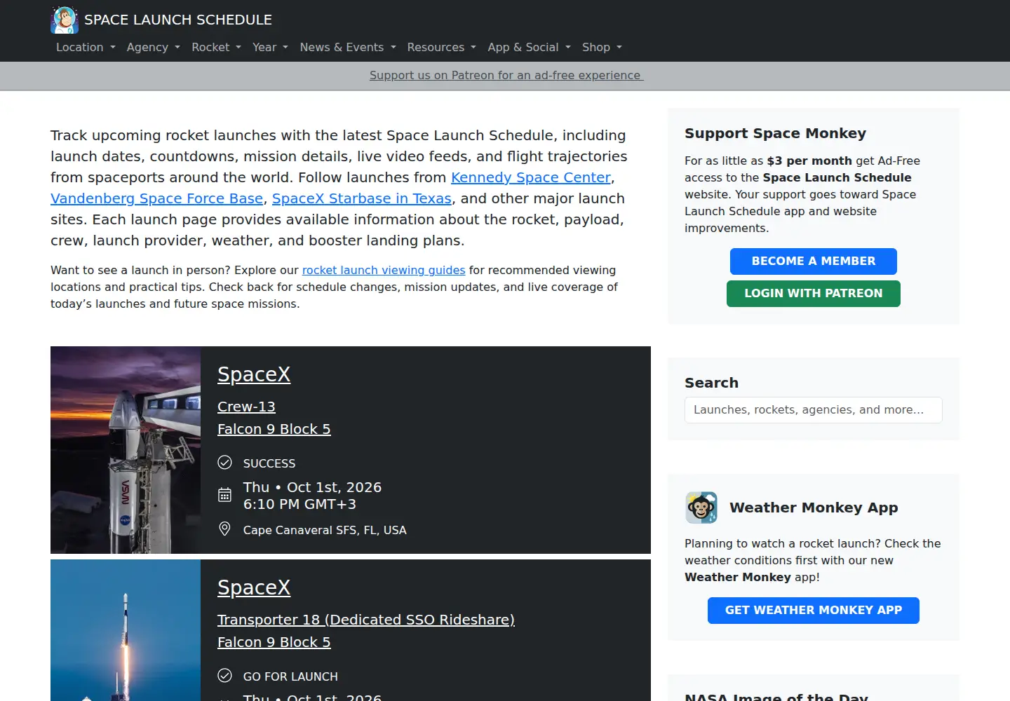 Screenshot of spacelaunchschedule.com