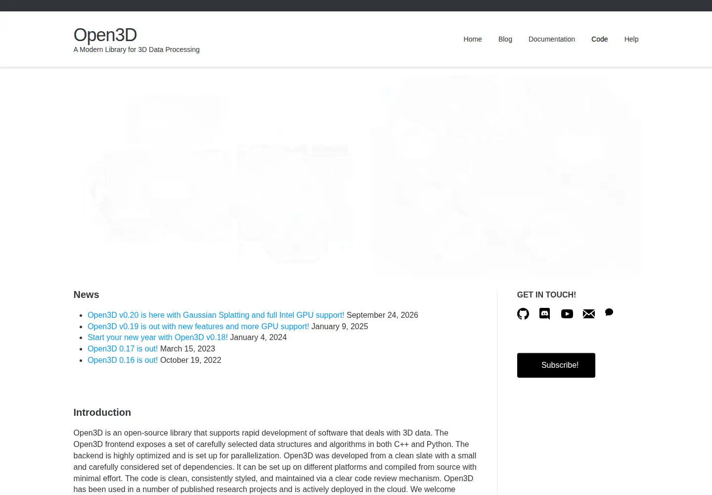 Captured homepage of open3d.org in the current scan