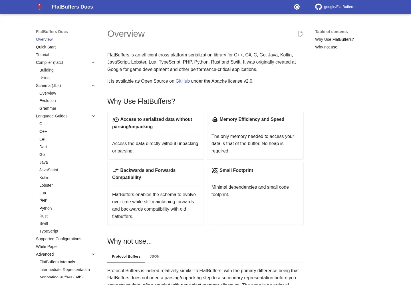Screenshot of flatbuffers.dev