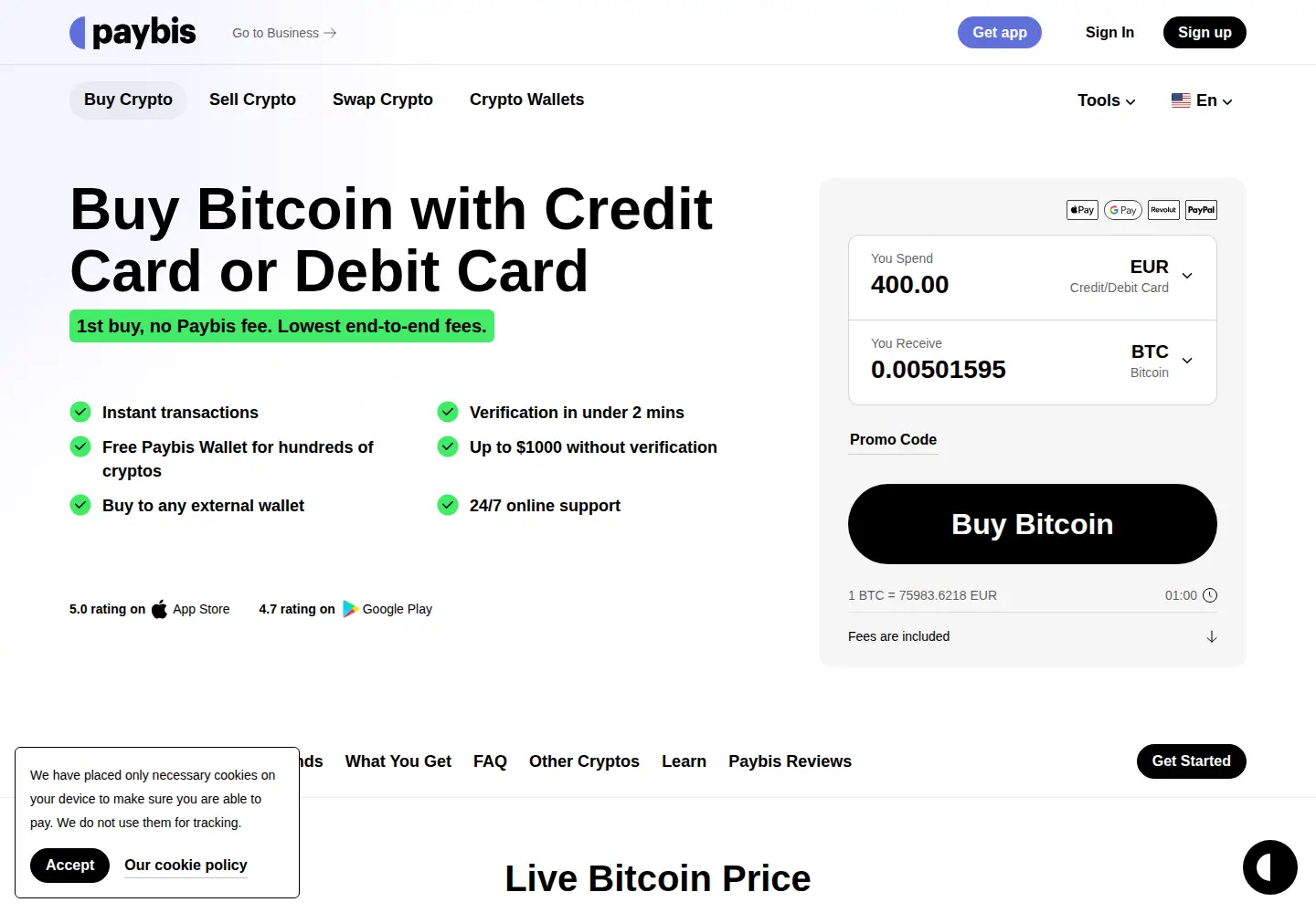 Screenshot of paybis.com