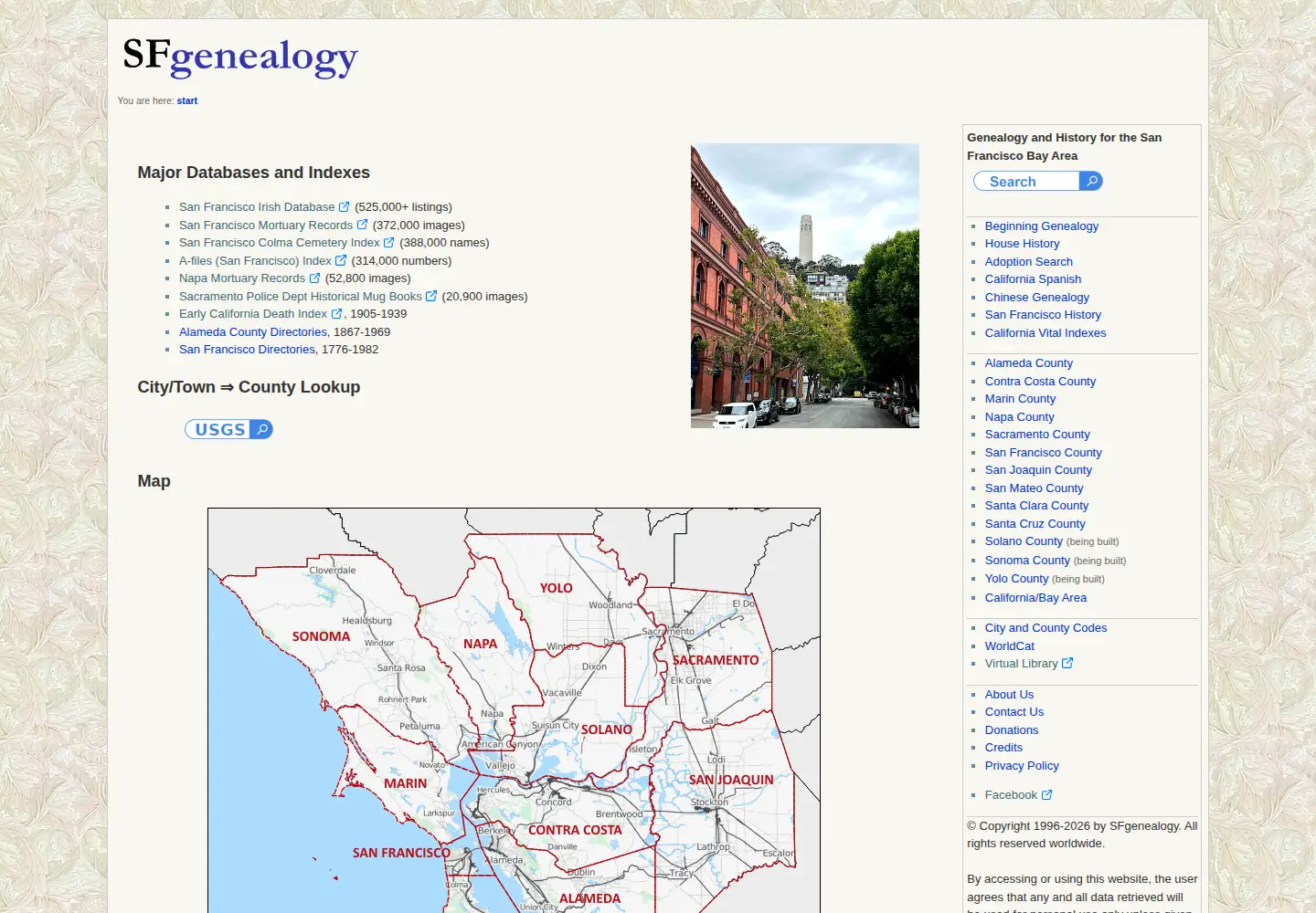 Screenshot of sfgenealogy.org