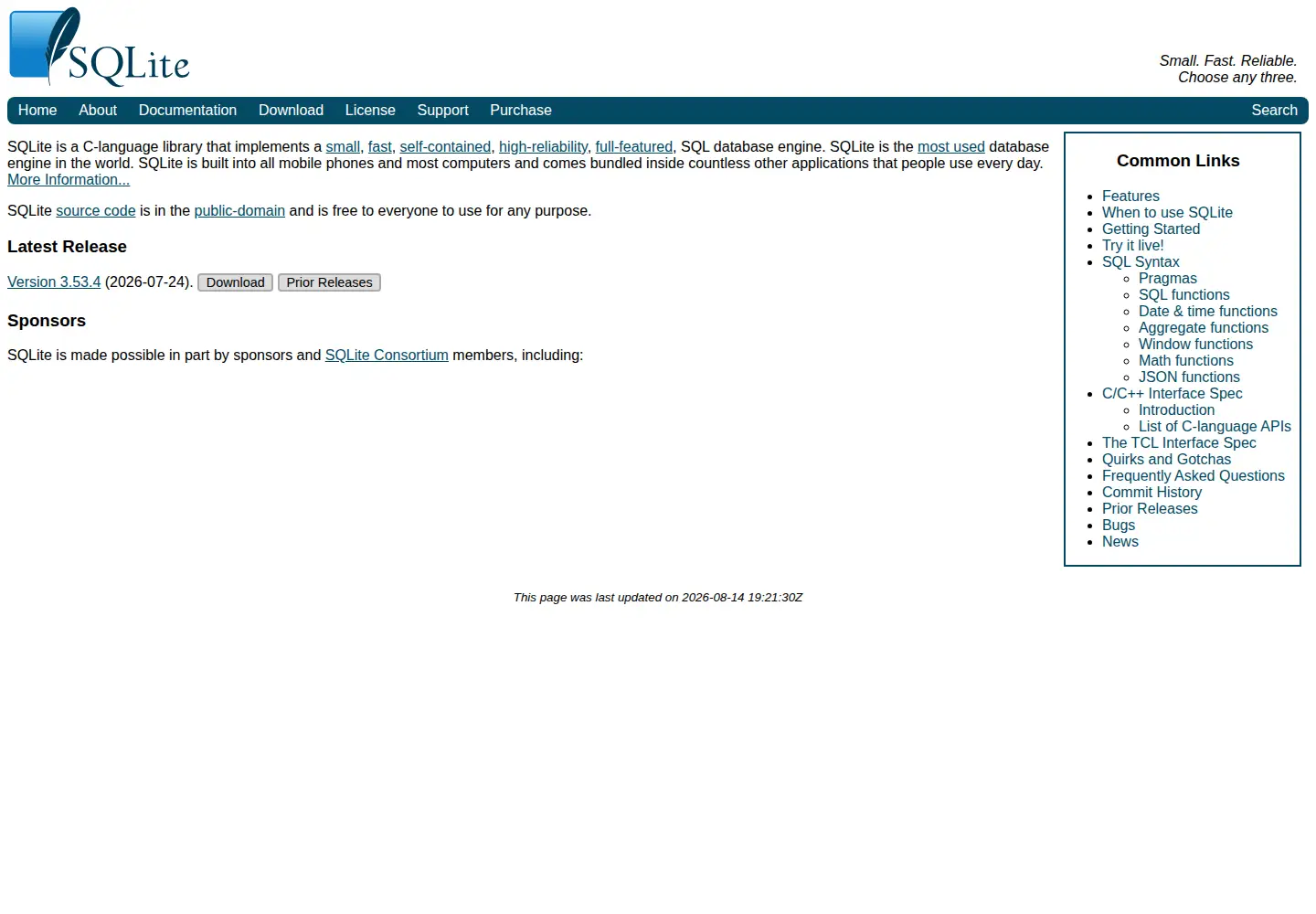 Captured homepage of sqlite.org in the current scan