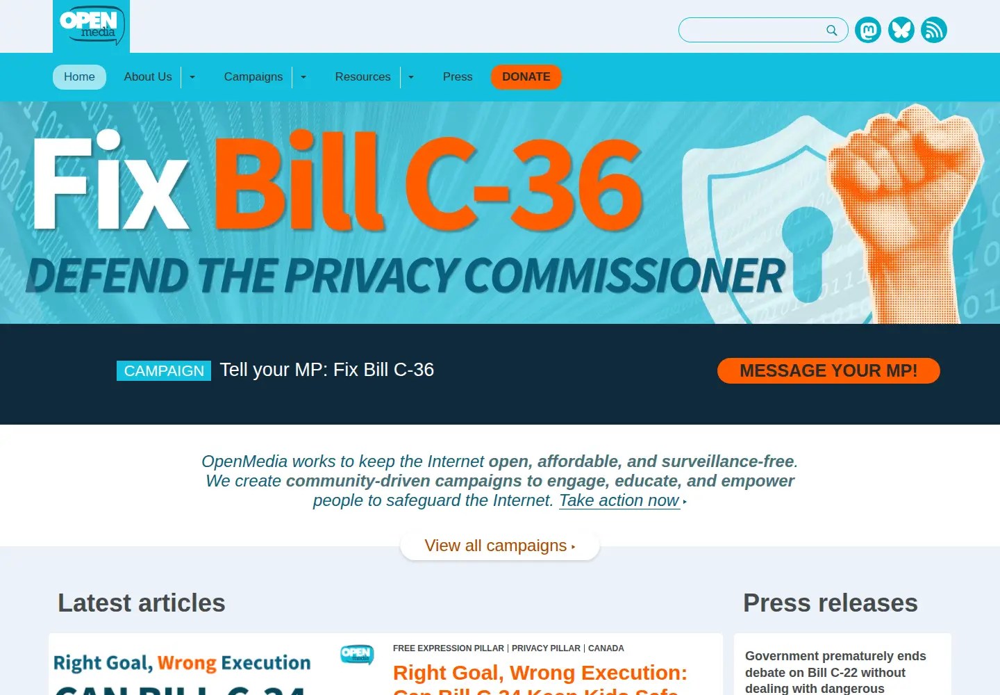 Screenshot of openmedia.ca