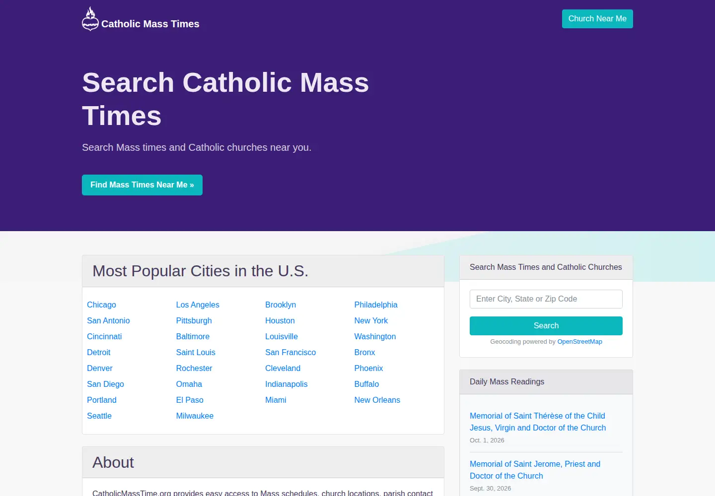 Screenshot of catholicmasstime.org