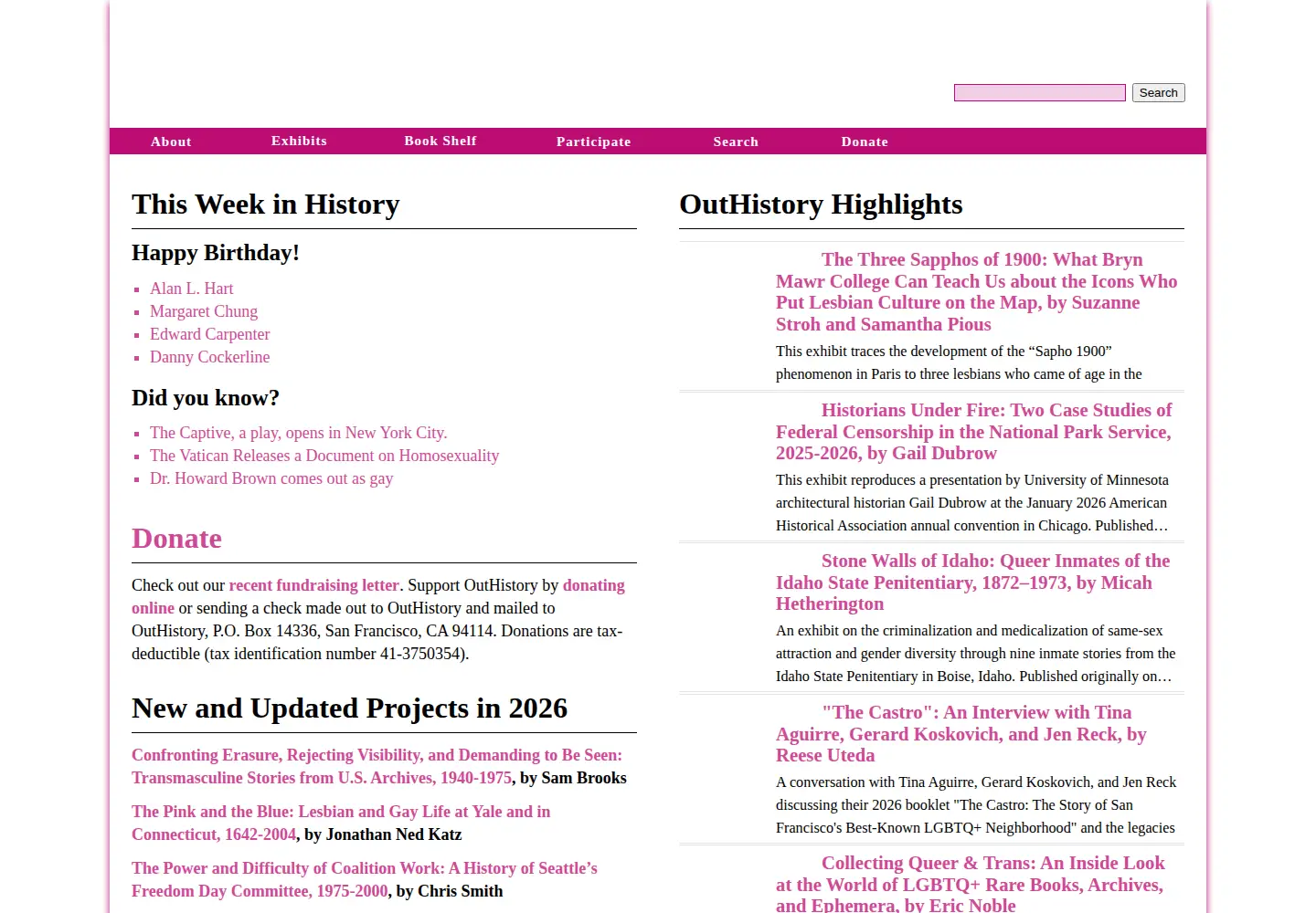 Captured homepage of outhistory.org in the current scan