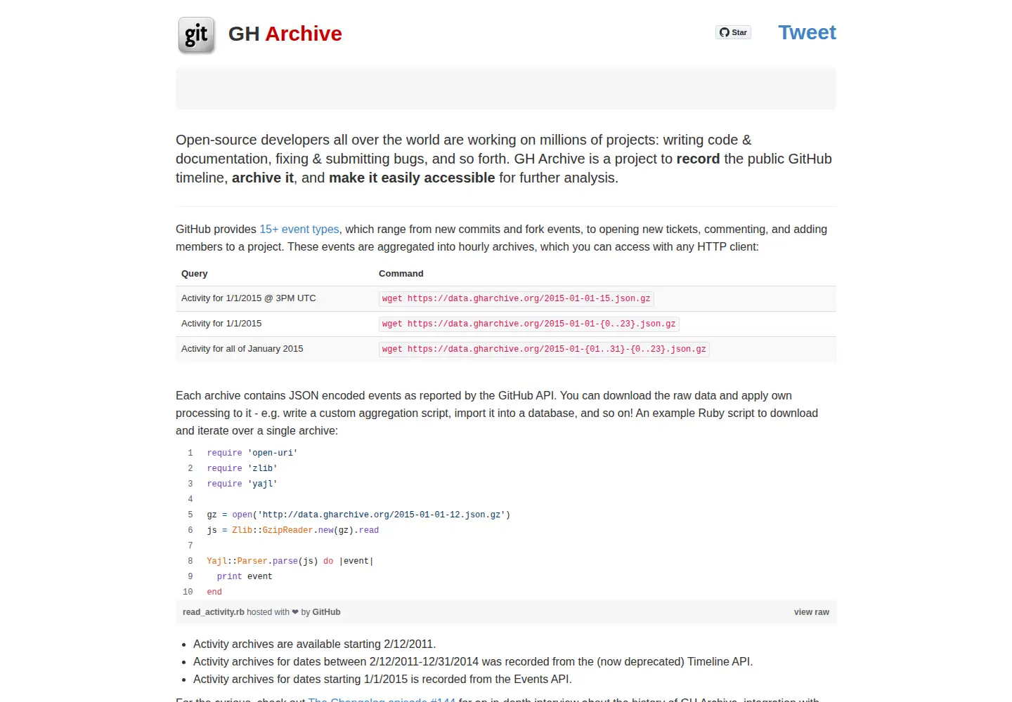 Screenshot of githubarchive.org