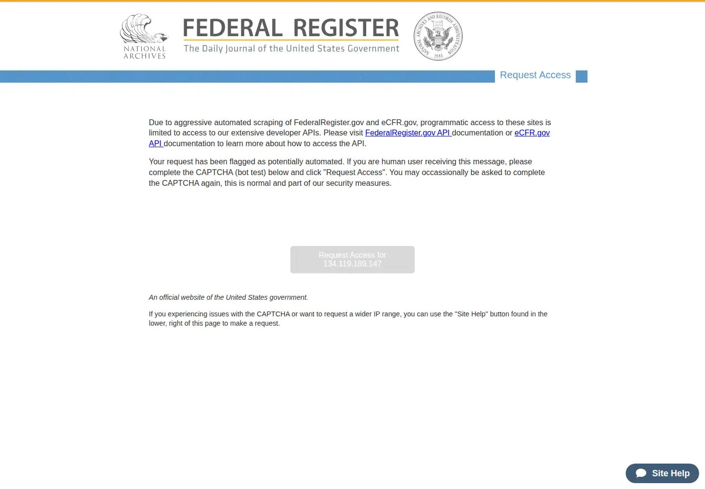 Screenshot of federalregister.gov