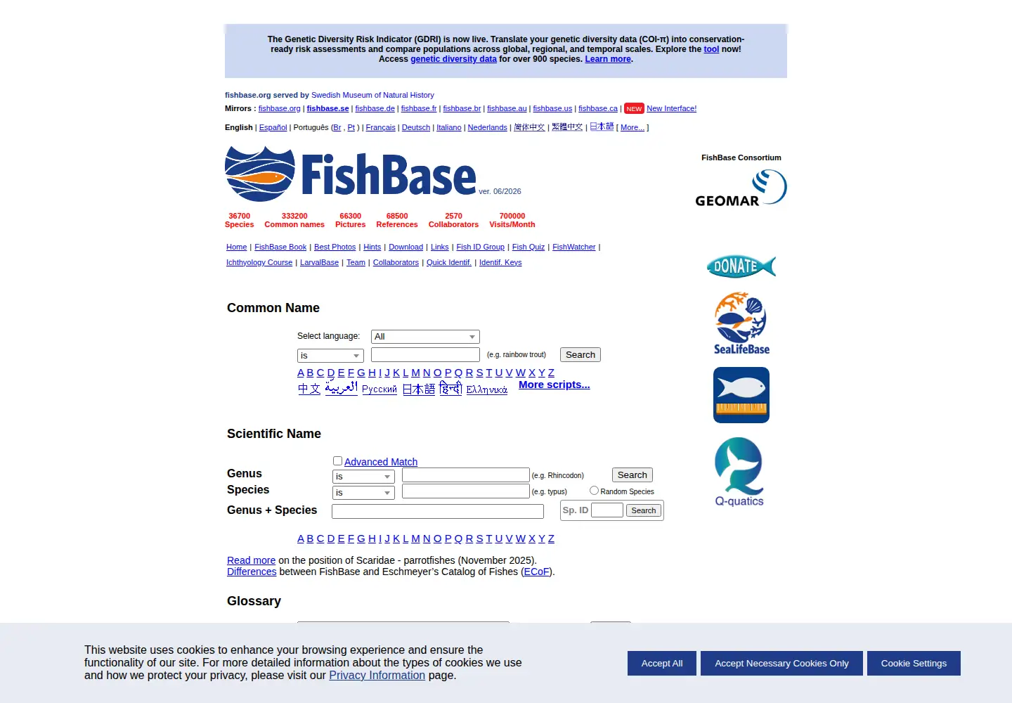 Screenshot of fishbase.se
