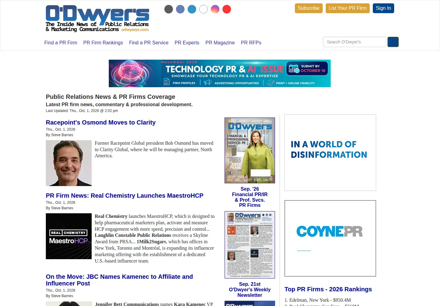 Screenshot of odwyerpr.com