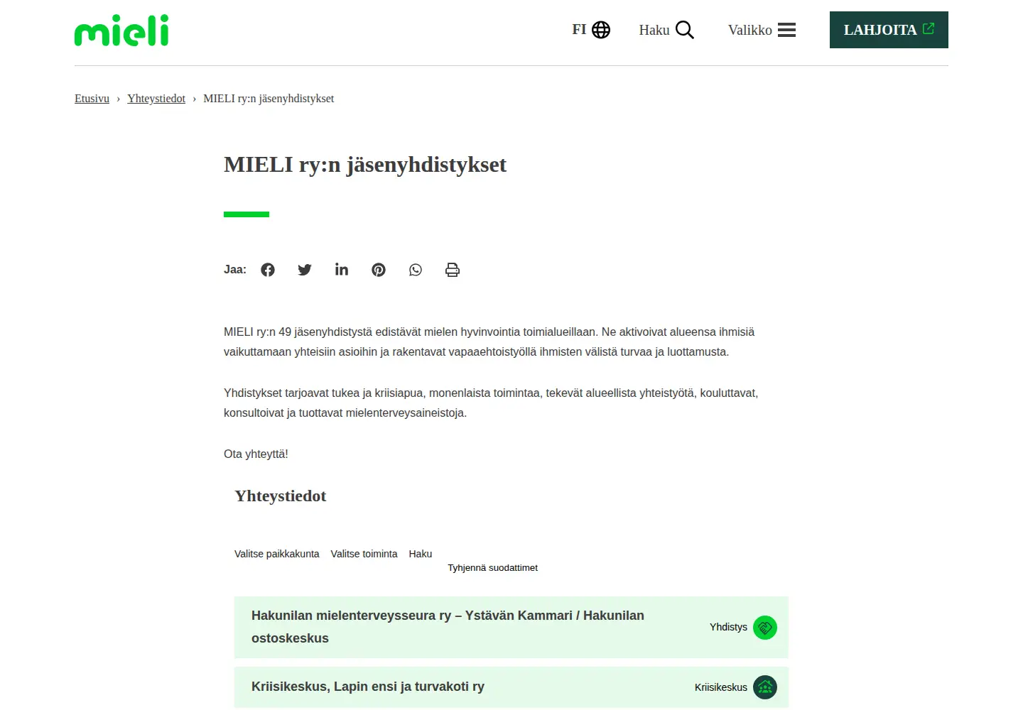 Screenshot of mielenterveysseura.fi